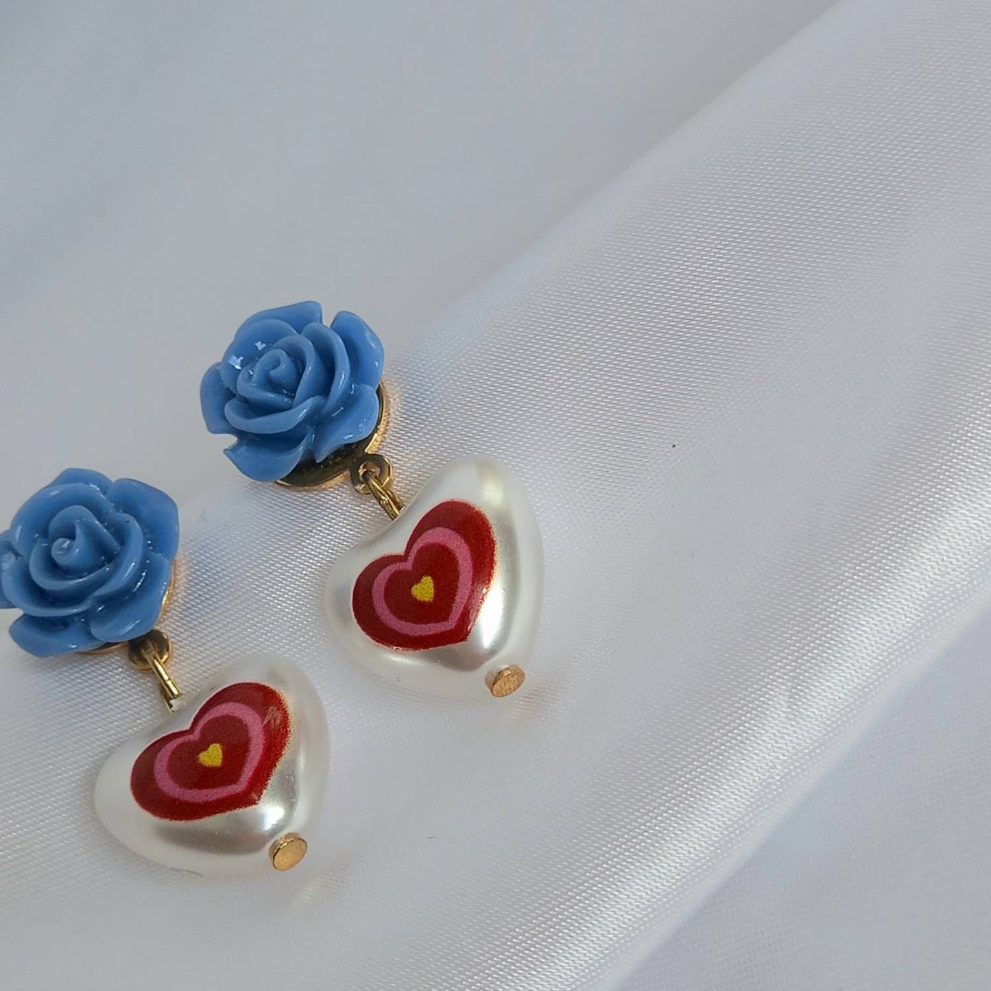 Pink & Blue Retro Heart Drop Earrings - Red Heart Earrings,Pearl Earrings,Heart Jewellery,Blue Flower Earrings In The UK,Jewellery In The UK