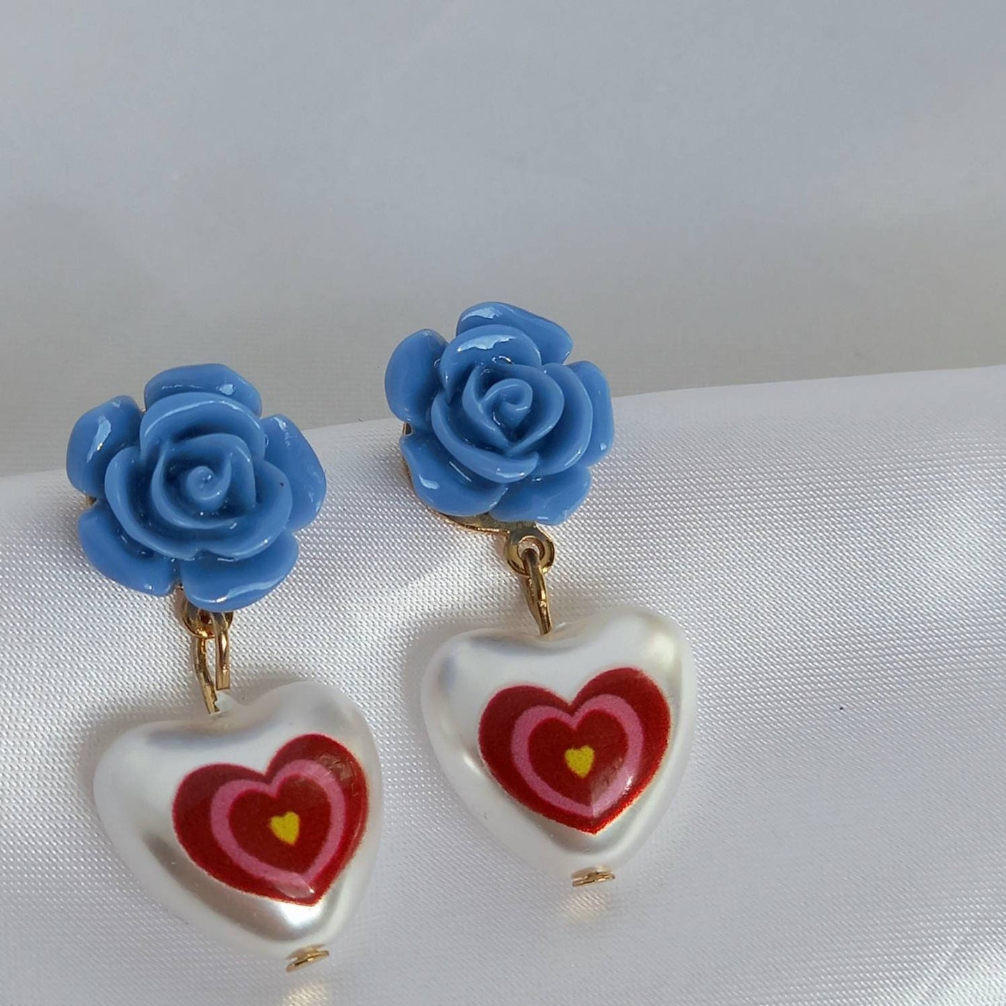 Pink & Blue Retro Heart Drop Earrings - Red Heart Earrings,Pearl Earrings,Heart Jewellery,Blue Flower Earrings In The UK,Jewellery In The UK