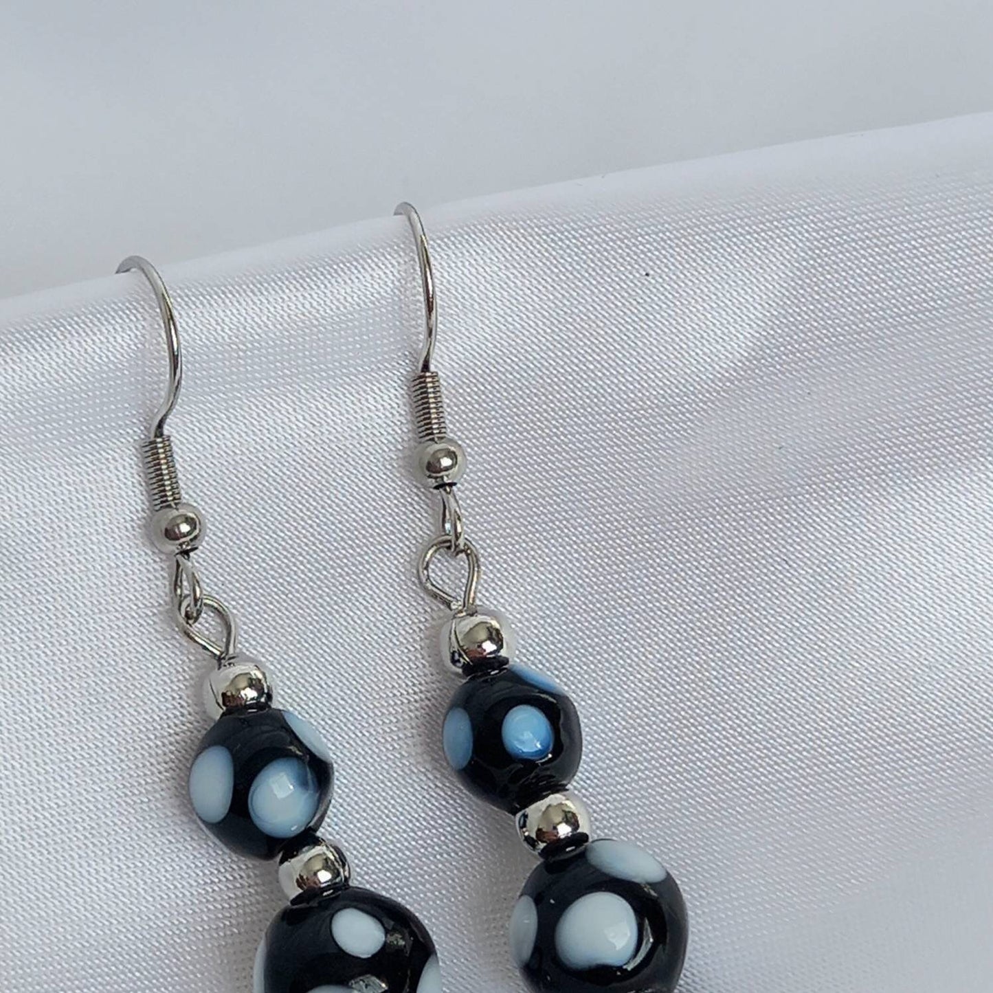 Silver Bead Drop Earrings - Spotty Bead Earrings,Spotty Bead Jewellery,Beaded Earrings In The UK,Beaded Jewellery,Long Drop Earrings