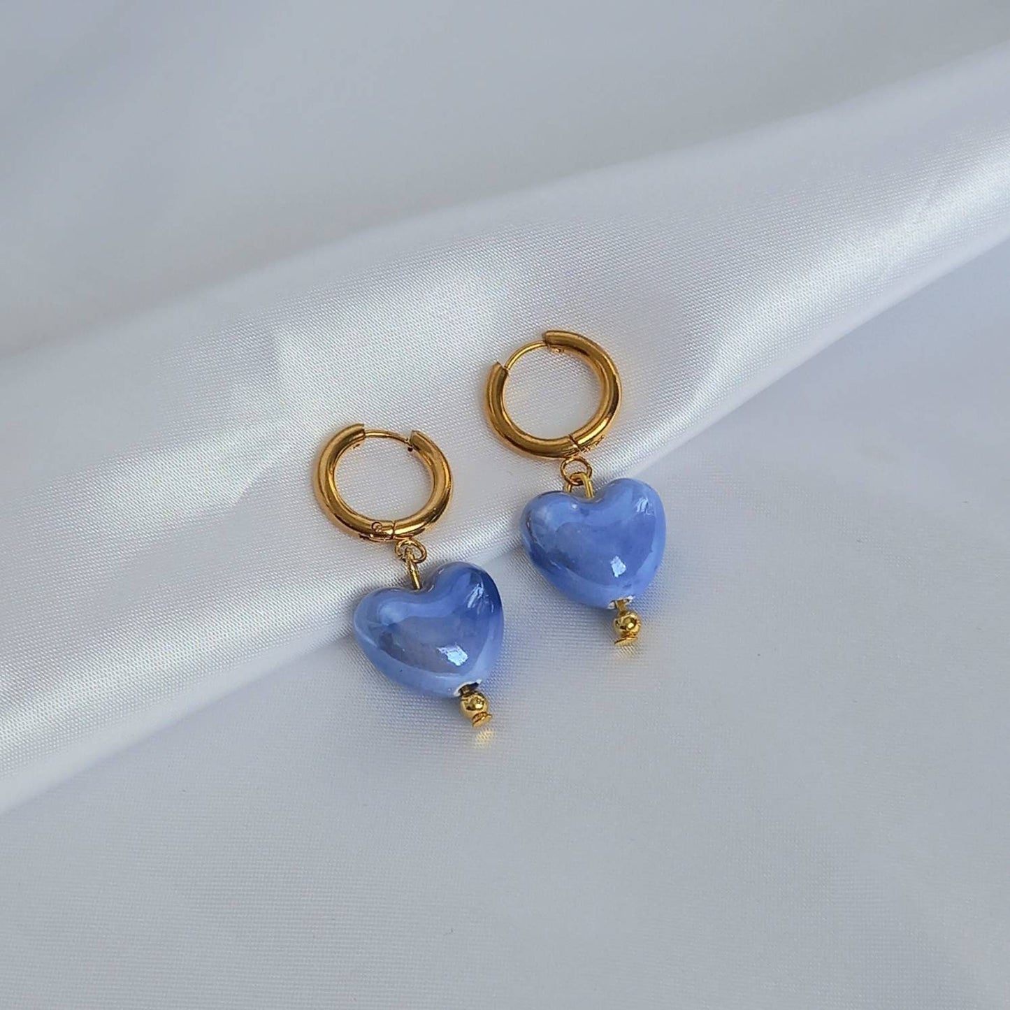 Blue & Gold Bead Heart Drop Earrings - Blue Bead Earrings,Blue Bead Jewellery,Beaded Earrings In The UK,Beaded Jewellery,Blue Heart Earrings
