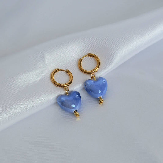 Blue & Gold Bead Heart Drop Earrings - Blue Bead Earrings,Blue Bead Jewellery,Beaded Earrings In The UK,Beaded Jewellery,Blue Heart Earrings
