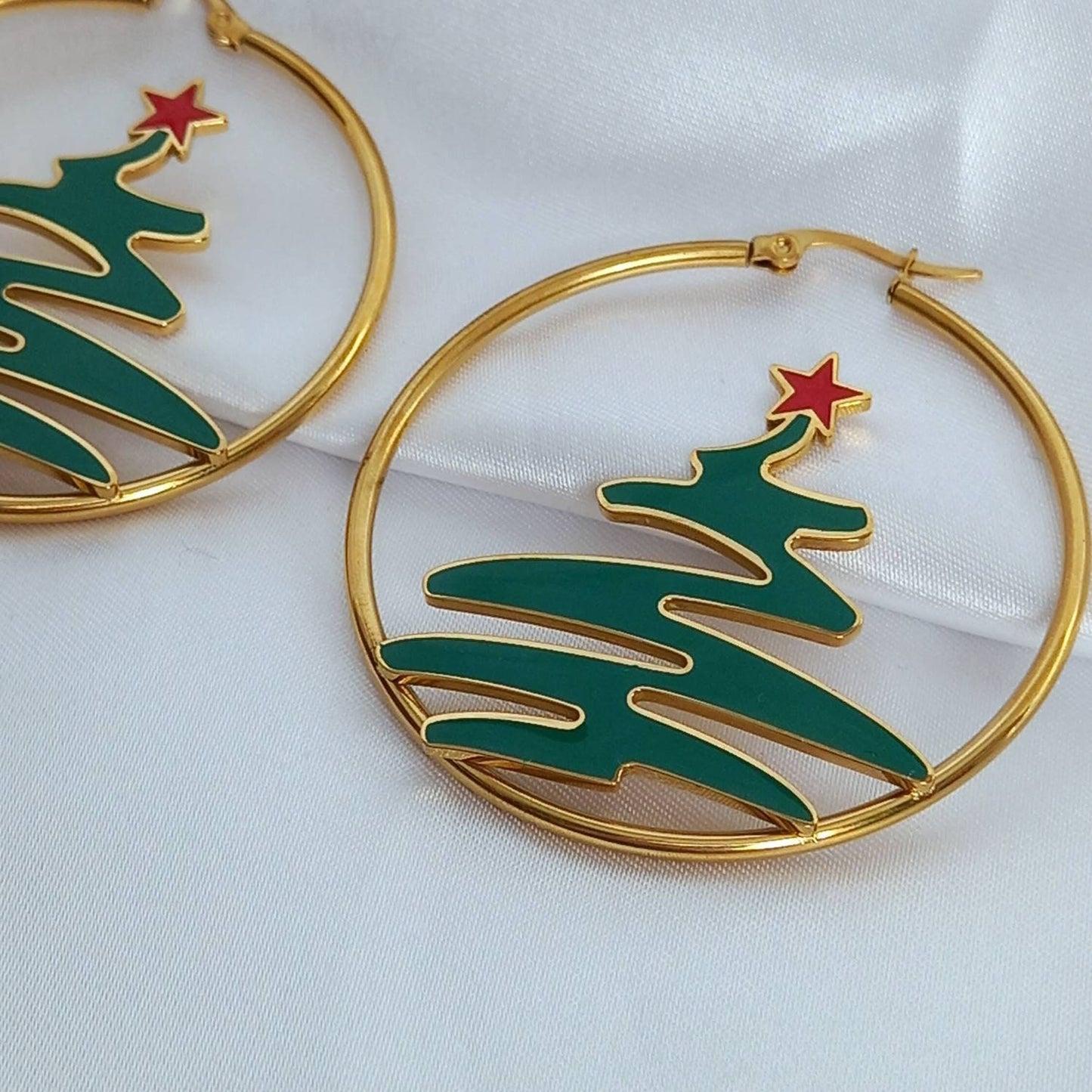 Gold Christmas Tree Hoop Earrings - Christmas Earrings,Large Gold Hoops,Christmas Tree Earrings,Gold Jewellery,Gold Earrings In The UK
