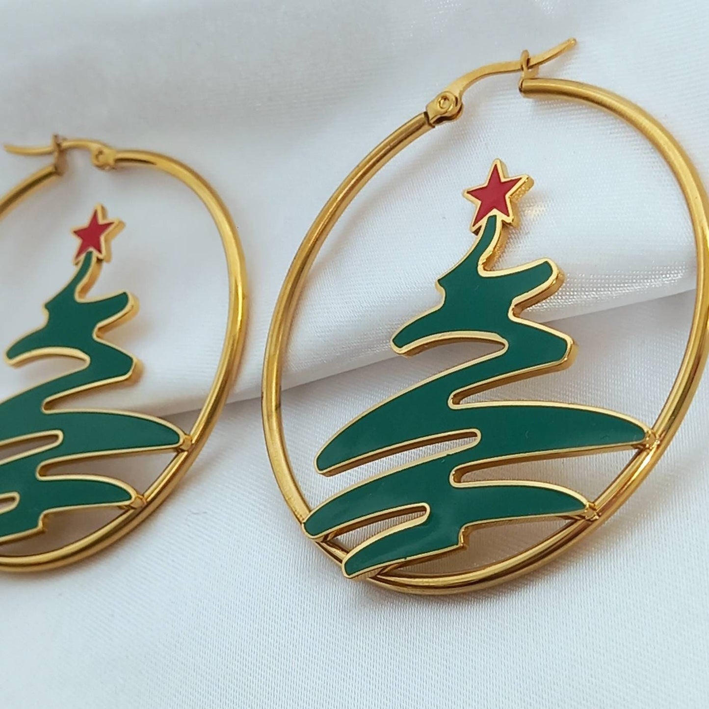 Gold Christmas Tree Hoop Earrings - Christmas Earrings,Large Gold Hoops,Christmas Tree Earrings,Gold Jewellery,Gold Earrings In The UK