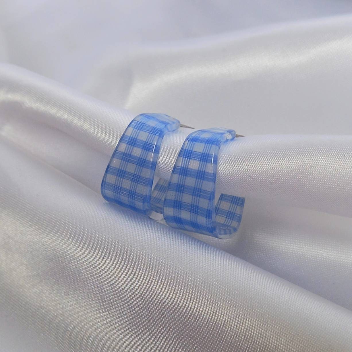 Blue Checkered Square Hoop Earrings - Retro Earrings,Checkered Earrings,Square Hoops,Funky Hoop Earrings,Blue Hoop Earrings,Retro Jewlellery