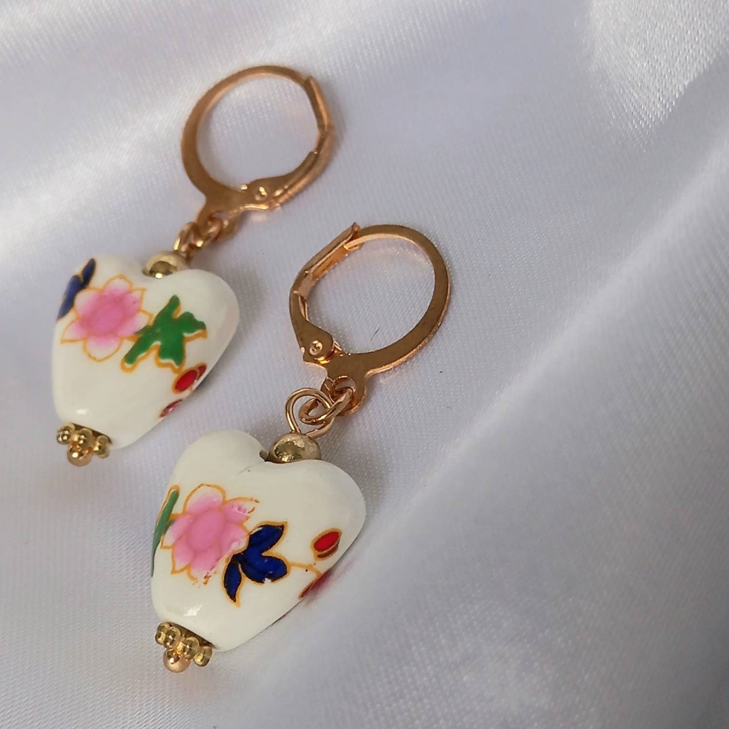 Pink & Gold Bead Heart Drop Earrings - Flower Bead Earrings,Pink Bead Jewellery,Beaded Earrings In The UK,Beaded Jewellery,Heart Earrings