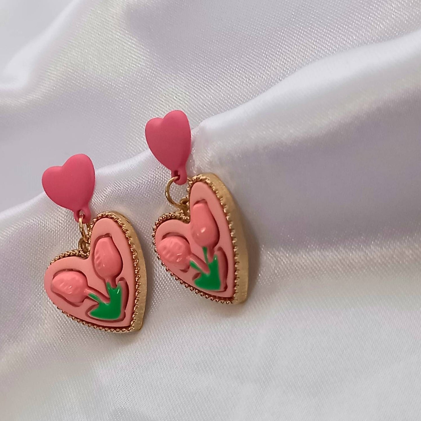 Pink Retro Heart Drop Earrings - Pink Earrings,Flower Earrings,Flower Jewellery,Pink Jewellery,Heart Earrings,Heart Jewellery,Tulip Earrings