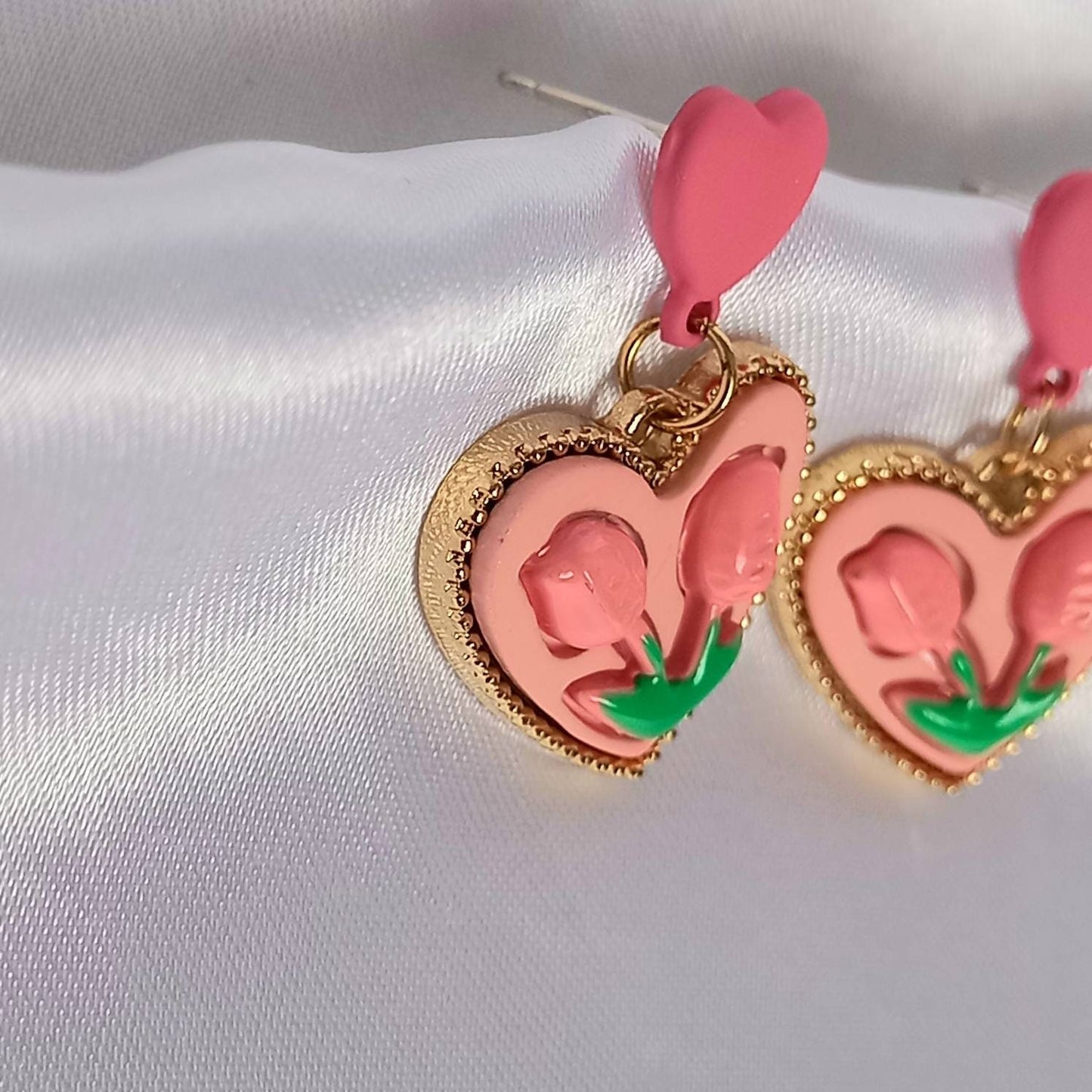 Pink Retro Heart Drop Earrings - Pink Earrings,Flower Earrings,Flower Jewellery,Pink Jewellery,Heart Earrings,Heart Jewellery,Tulip Earrings