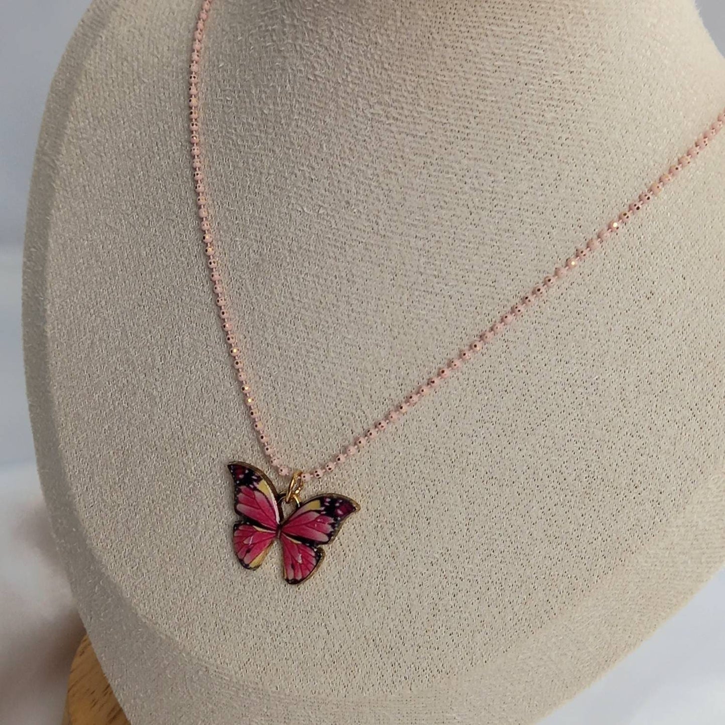 Pink Butterfly Charm Necklace - Chain Necklaces,Pink Butterfly Necklace,Pink Necklaces In The UK,Pink Jewellery In The UK,Pink Butterflies