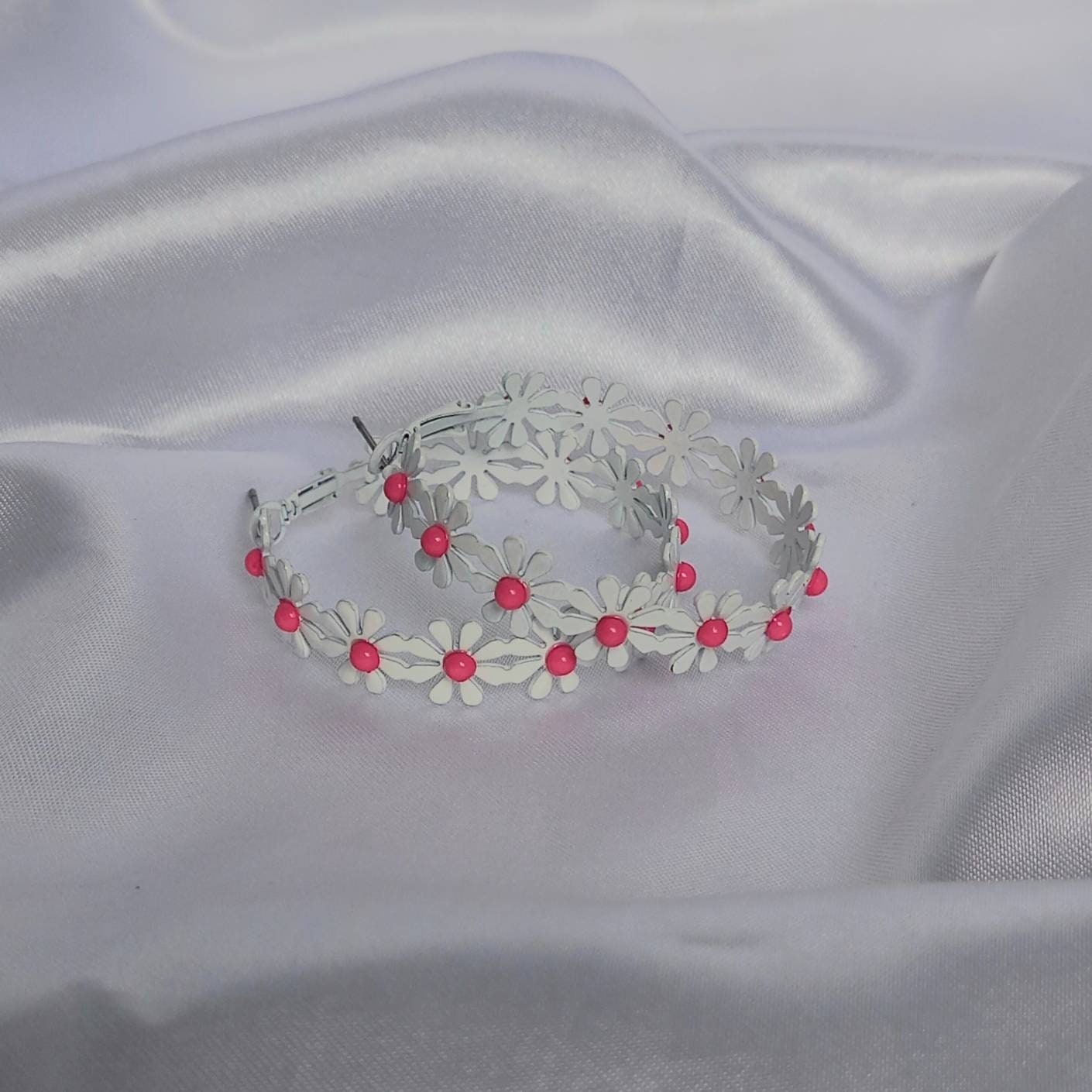 Pink Daisy Hoop Earrings - Lightweight Hoop Earrings,Pink Flower Earrings,Pink Hoop Earrings,Pink Daisy Earrings,Flower Jewellery In The UK