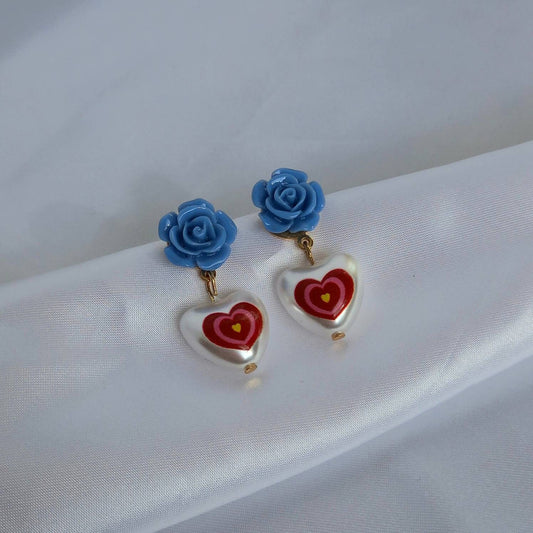 Pink & Blue Retro Heart Drop Earrings - Red Heart Earrings,Pearl Earrings,Heart Jewellery,Blue Flower Earrings In The UK,Jewellery In The UK