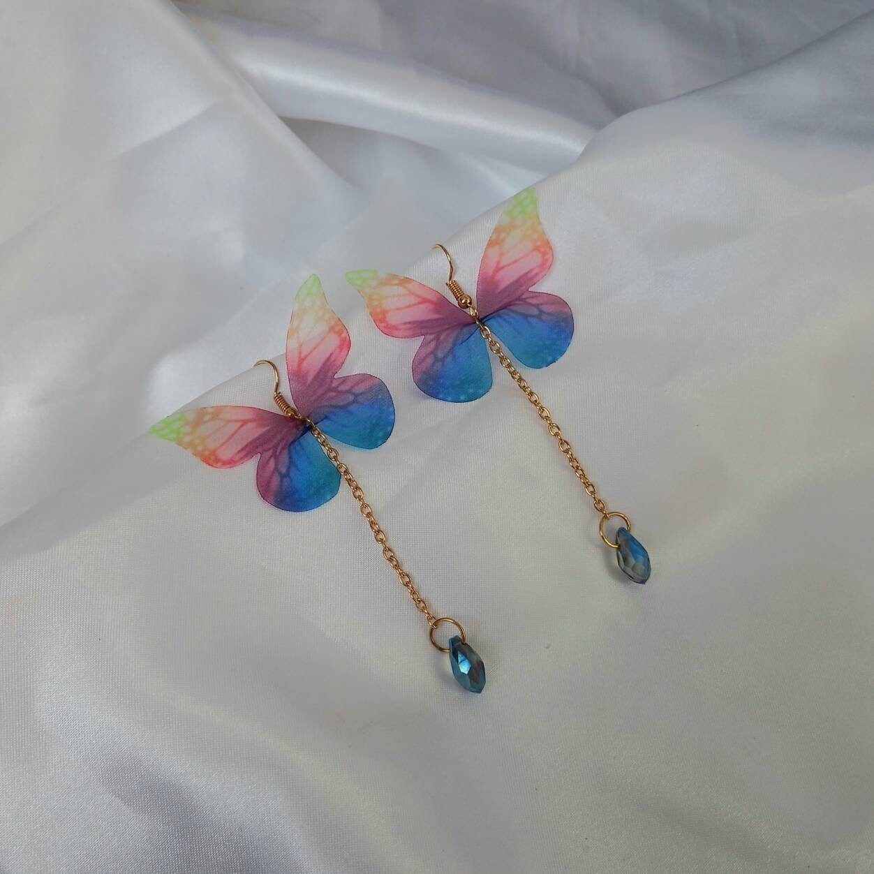 Rainbow & Gold Butterfly Drop Earrings - Rainbow Earrings,Blue Butterfly Earrings,Gold Earrings In The UK,Gold Butterfly Jewellery In The UK