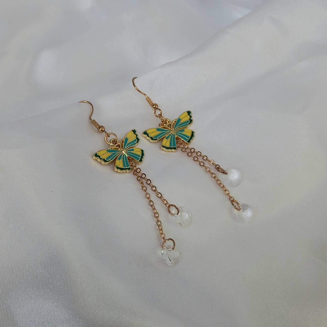 Blue & Gold Butterfly Drop Earrings - Yellow Butterfly Earrings, Butterfly Earrings, Cute Earrings,Blue Earrings In The UK,Blue Jewellery