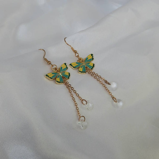 Blue & Gold Butterfly Drop Earrings - Yellow Butterfly Earrings, Butterfly Earrings, Cute Earrings,Blue Earrings In The UK,Blue Jewellery