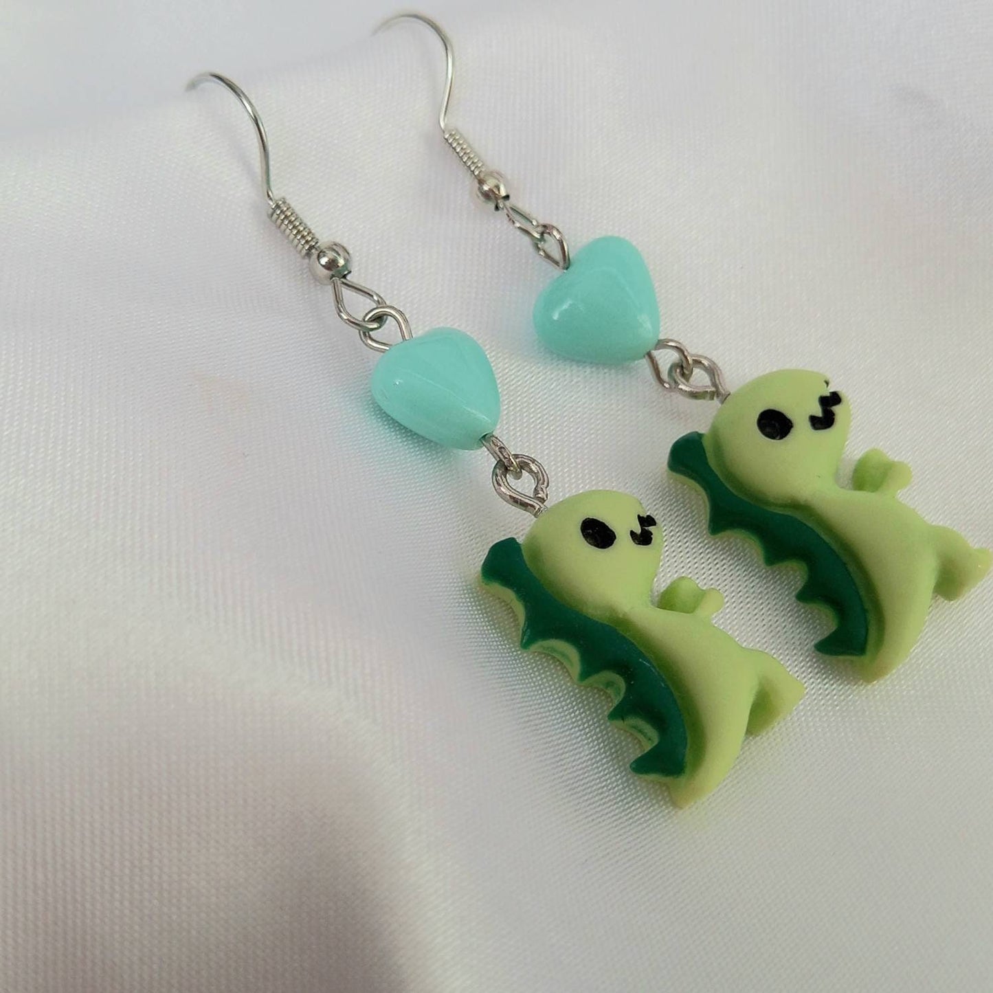 Green & Blue Dinosaur Drop Earrings - Dinosaur Earrings,Bead Earrings,Bead Jewellery,Dinosaur Jewellery,Novelty Earrings,Funky Earrings