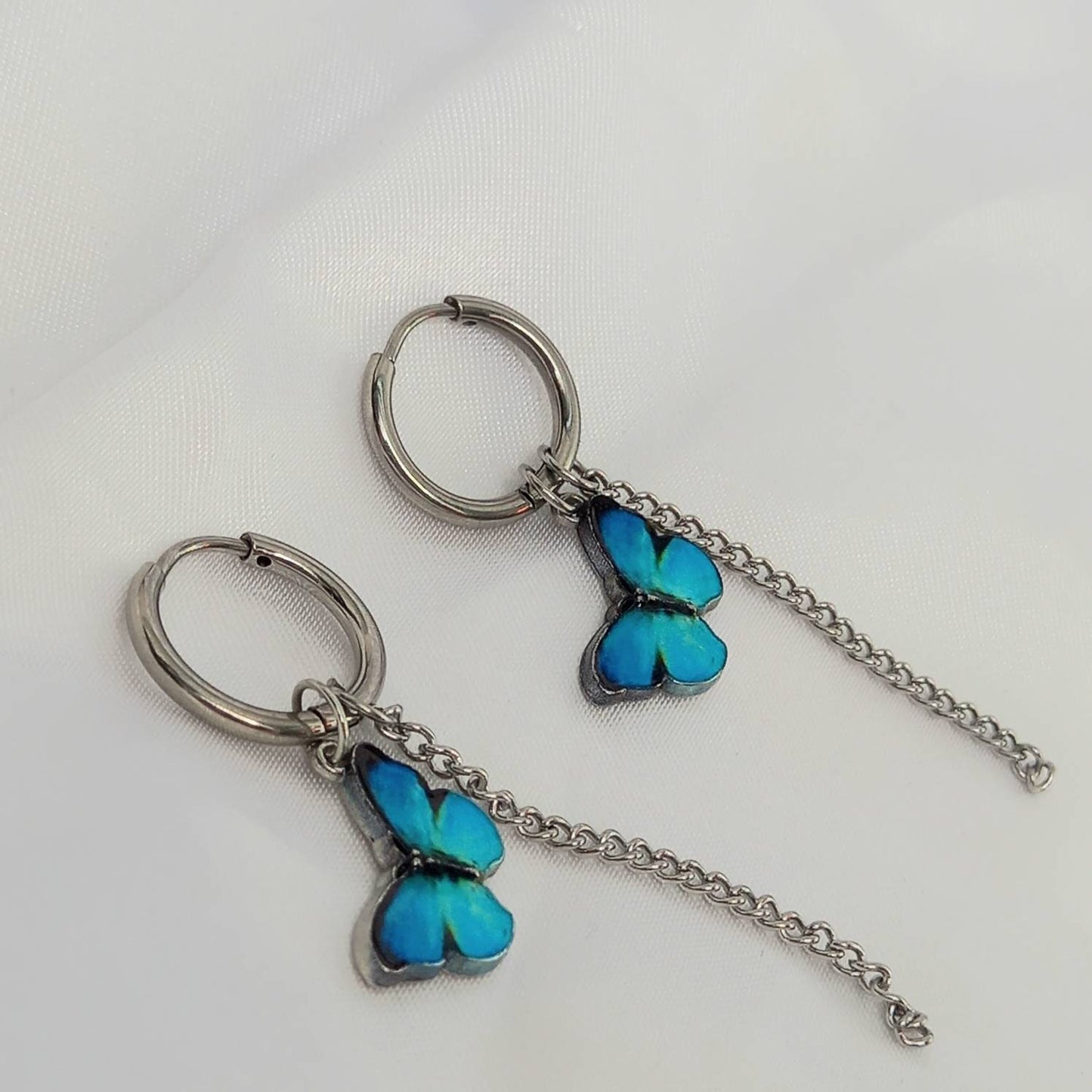 Silver Butterfly Hoop Earrings - Lightweight Hoop Earrings In The UK,Blue Butterfly Earrings,Hoop Earrings,Silver Earrings,Silver Jewellery