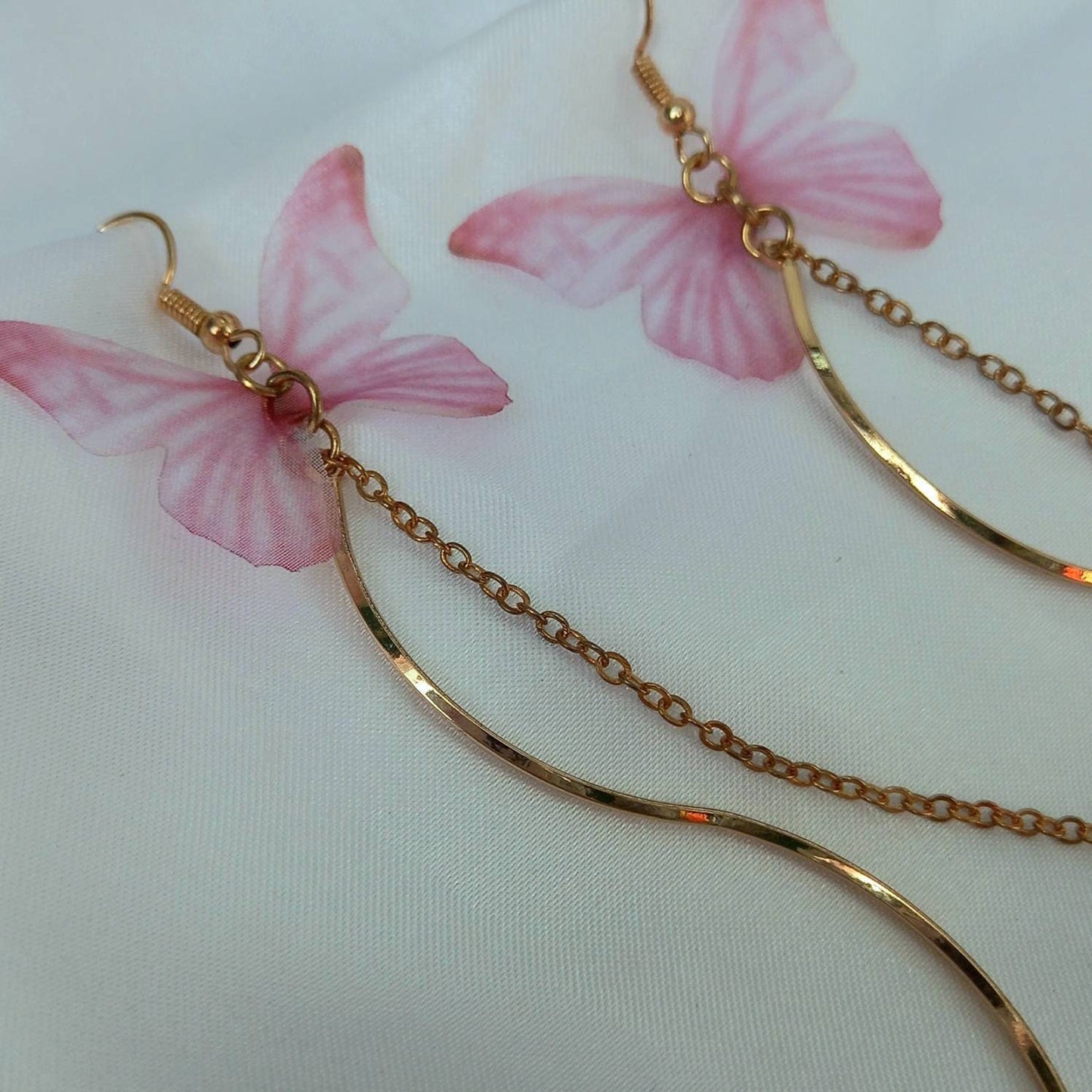 Pink & Gold Butterfly Drop Earrings -Lightweight Earrings,Pink Butterfly Earrings,Gold Earrings In The UK,Gold Butterfly Jewellery In The UK
