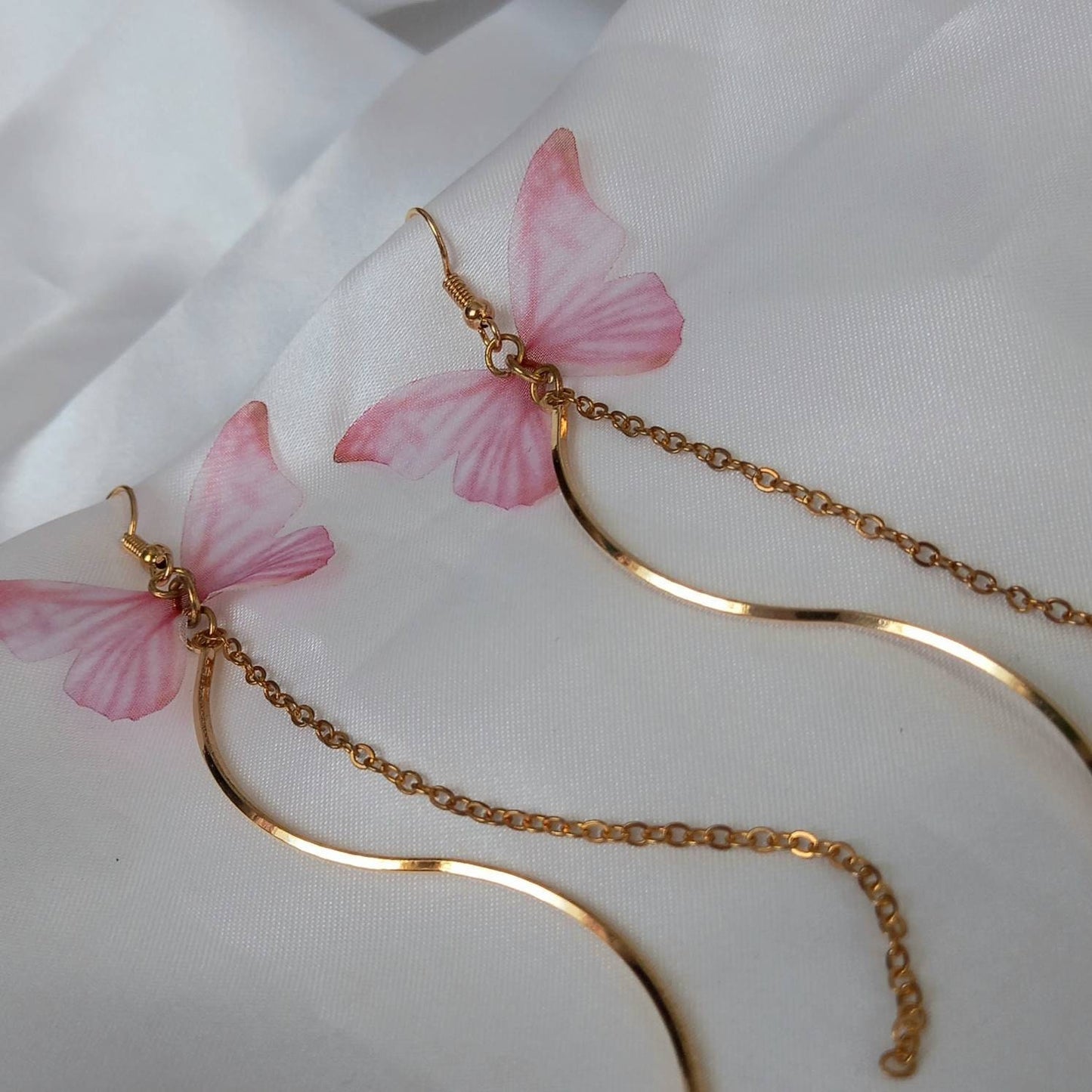 Pink & Gold Butterfly Drop Earrings -Lightweight Earrings,Pink Butterfly Earrings,Gold Earrings In The UK,Gold Butterfly Jewellery In The UK