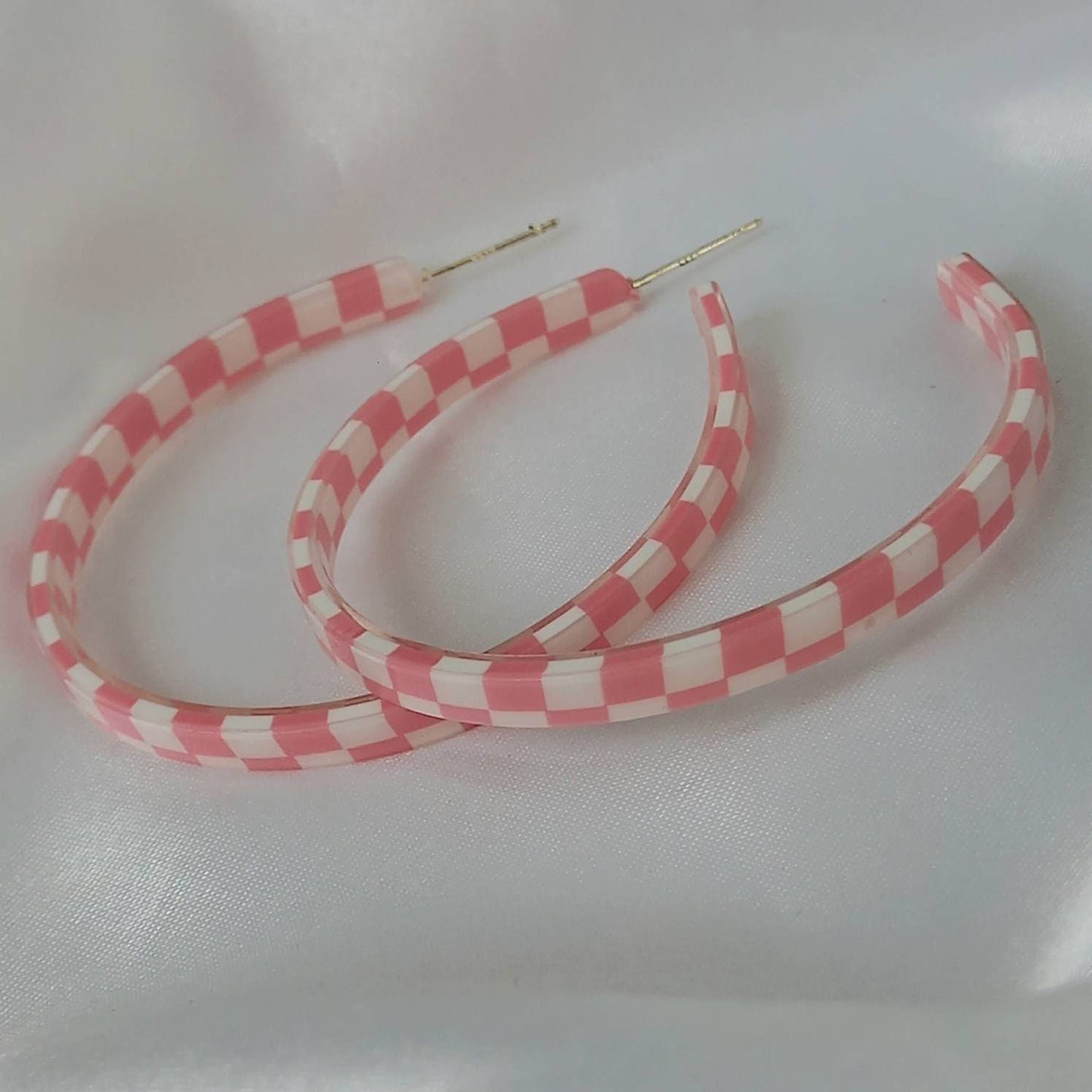Large Pink Checkered Hoop Earrings - Pink Hoop Earrings,Large Hoop Earrings,Pink Earrings In The UK,Pink Hoop Earrings In The UK