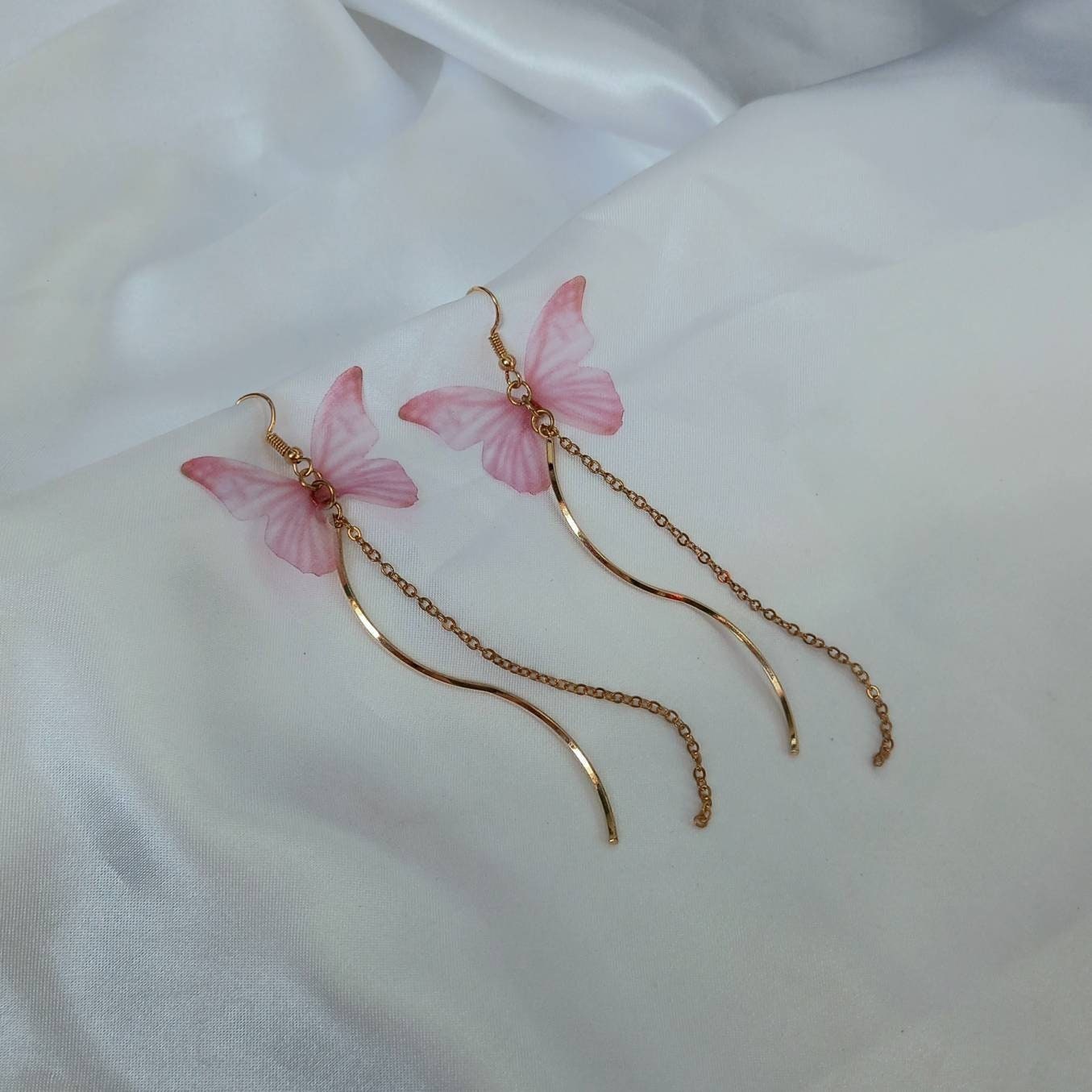 Pink & Gold Butterfly Drop Earrings -Lightweight Earrings,Pink Butterfly Earrings,Gold Earrings In The UK,Gold Butterfly Jewellery In The UK