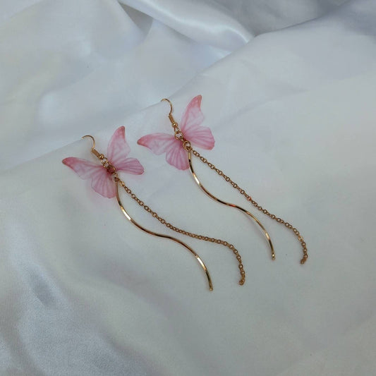 Pink & Gold Butterfly Drop Earrings -Lightweight Earrings,Pink Butterfly Earrings,Gold Earrings In The UK,Gold Butterfly Jewellery In The UK