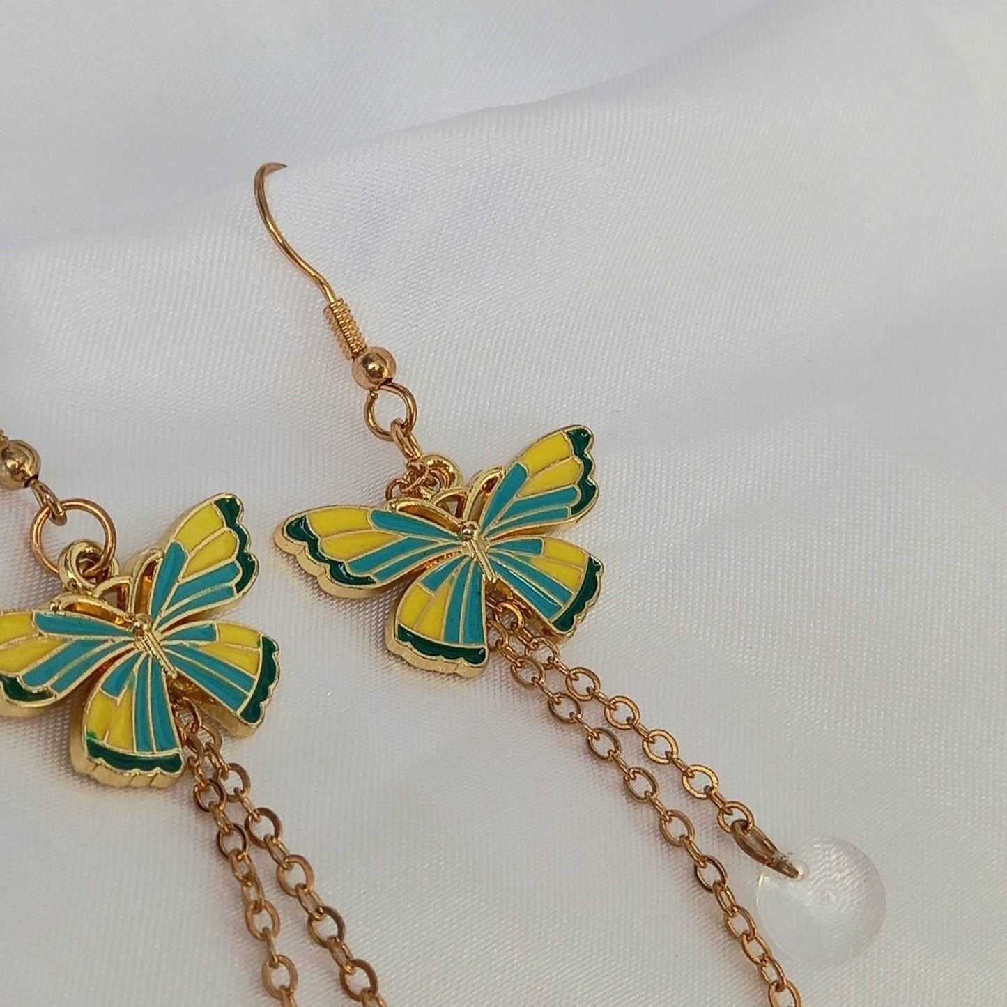 Blue & Gold Butterfly Drop Earrings - Yellow Butterfly Earrings, Butterfly Earrings, Cute Earrings,Blue Earrings In The UK,Blue Jewellery
