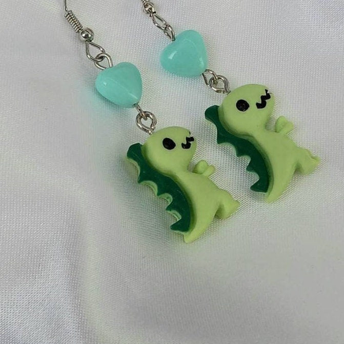 Green & Blue Dinosaur Drop Earrings - Dinosaur Earrings,Bead Earrings,Bead Jewellery,Dinosaur Jewellery,Novelty Earrings,Funky Earrings