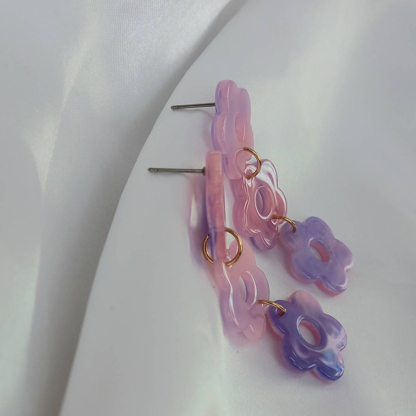 Purple Flower Drop Earrings-Purple Flower Earrings In The UK,Purple Flower Jewlellery In The UK,Retro Earrings,70's Earrings,Purple Earrings