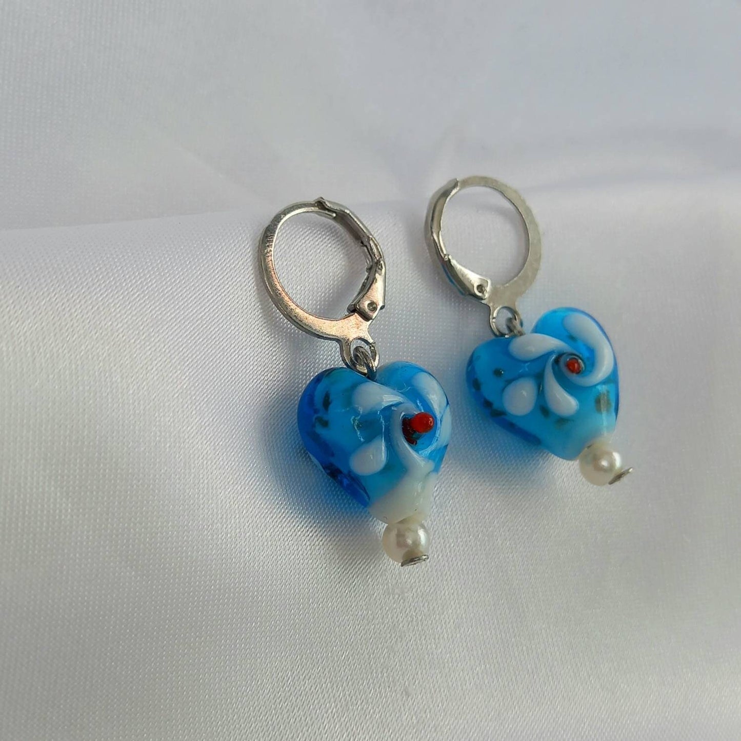 Blue & Silver Bead Heart Earrings - Blue Bead Earrings,Blue Bead Jewellery,Beaded Earrings In The UK,Beaded Jewellery,Blue Heart Earrings