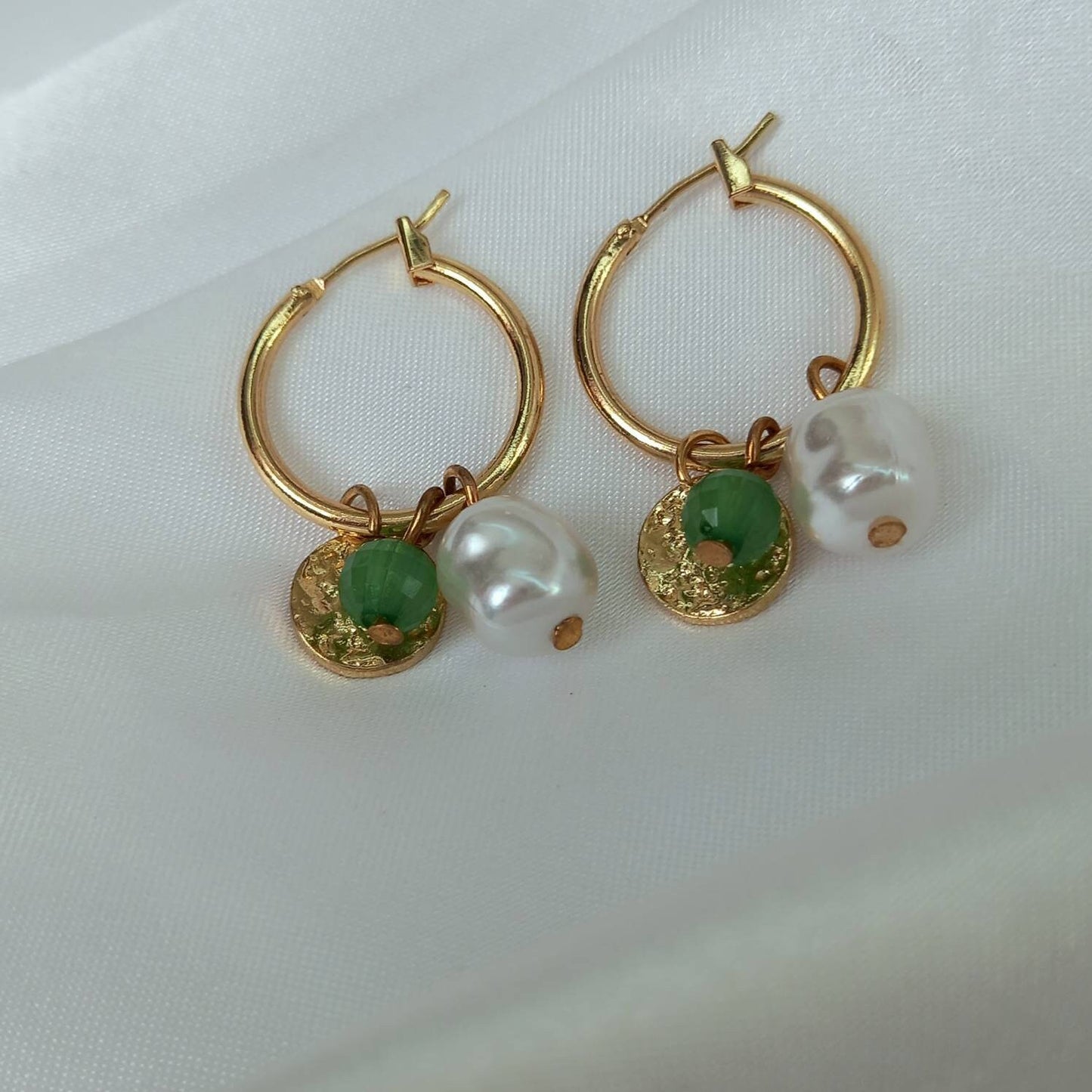 Faux Pearl Hoop Earrings - Pearl Jewellery,Pearl Earrings,Gold Hoops,Gold Hoop Earrings In The UK,Green Bead Earrings,Green Bead Jewellery
