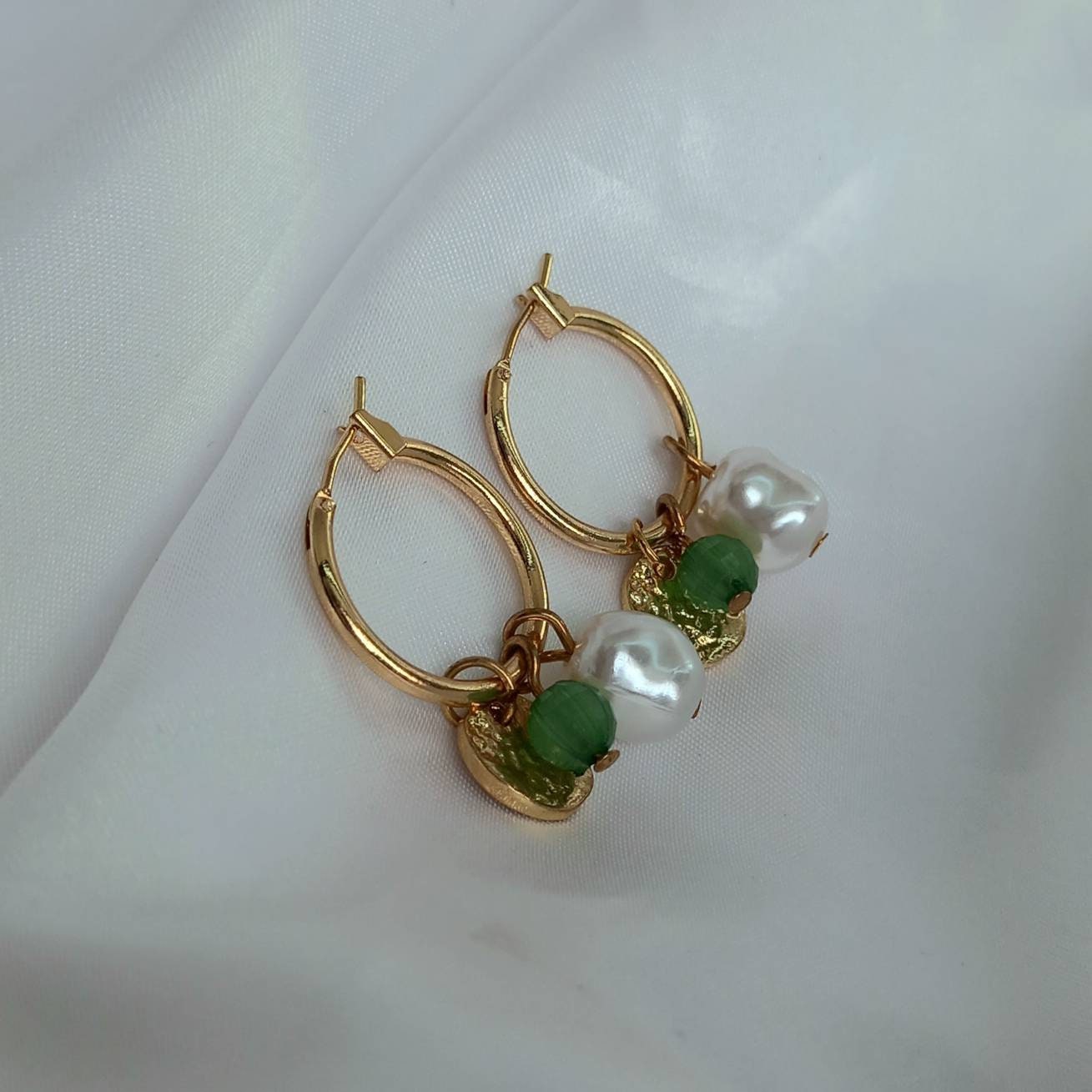 Faux Pearl Hoop Earrings - Pearl Jewellery,Pearl Earrings,Gold Hoops,Gold Hoop Earrings In The UK,Green Bead Earrings,Green Bead Jewellery