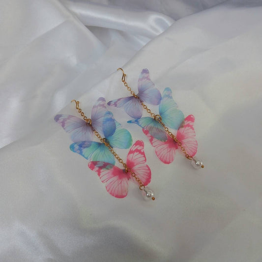 Long Butterfly Drop Earrings - Lightweight Earrings,Pink Butterfly Earrings,Gold Earrings In The UK,Gold Butterfly Jewellery In The UK