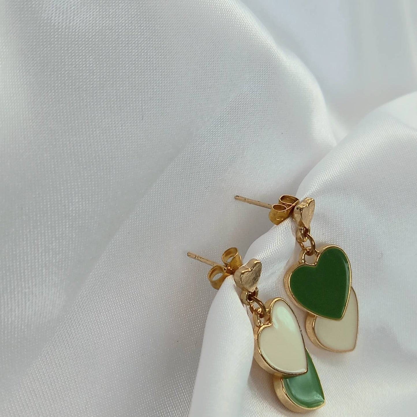 Green & Gold Retro Heart Earrings - Green Heart Earrings,70's Style Earrings,Vintage Style,Green Jewellery In The UK,Gold Earrings In The UK