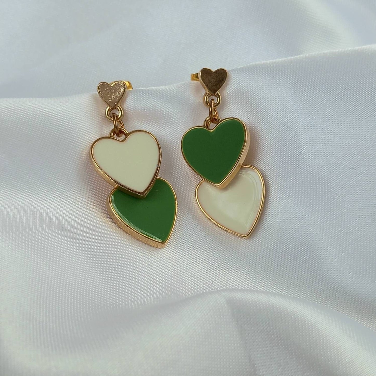 Green & Gold Retro Heart Earrings - Green Heart Earrings,70's Style Earrings,Vintage Style,Green Jewellery In The UK,Gold Earrings In The UK