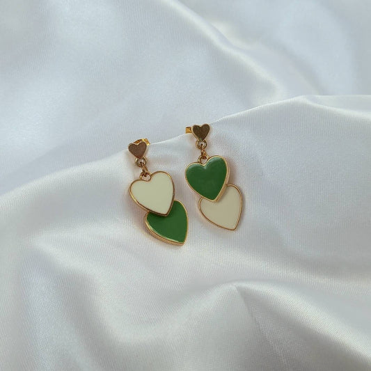 Green & Gold Retro Heart Earrings - Green Heart Earrings,70's Style Earrings,Vintage Style,Green Jewellery In The UK,Gold Earrings In The UK