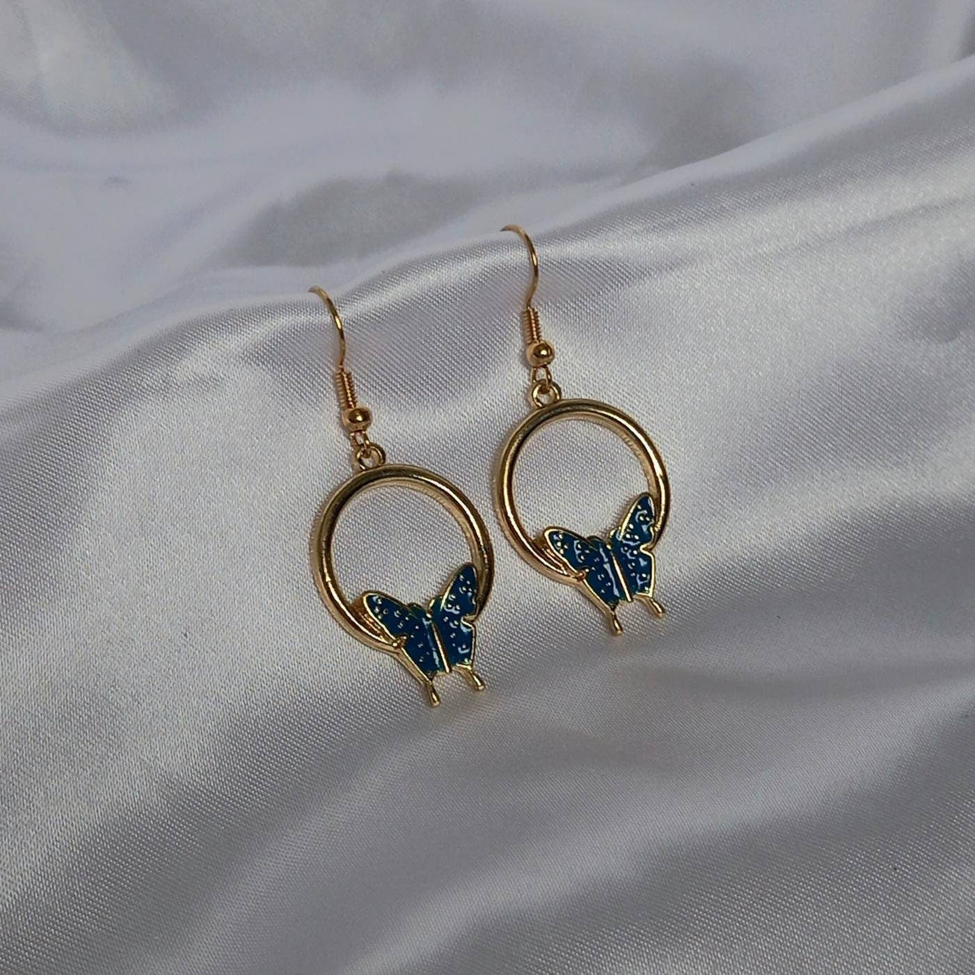 Blue Butterfly Drop Earrings - Blue Butterfly Earrings,Blue Earrings In The UK,Gold Butterfly Jewellery In The UK,Blue Butterflies