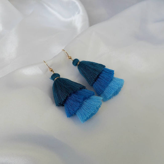 Blue & Gold Tassel Earrings - Blue Tassel Earrings,Blue Tassel Jewellery,Gold Jewellery In The UK,Gold Earrings In The UK,Funky Earrings