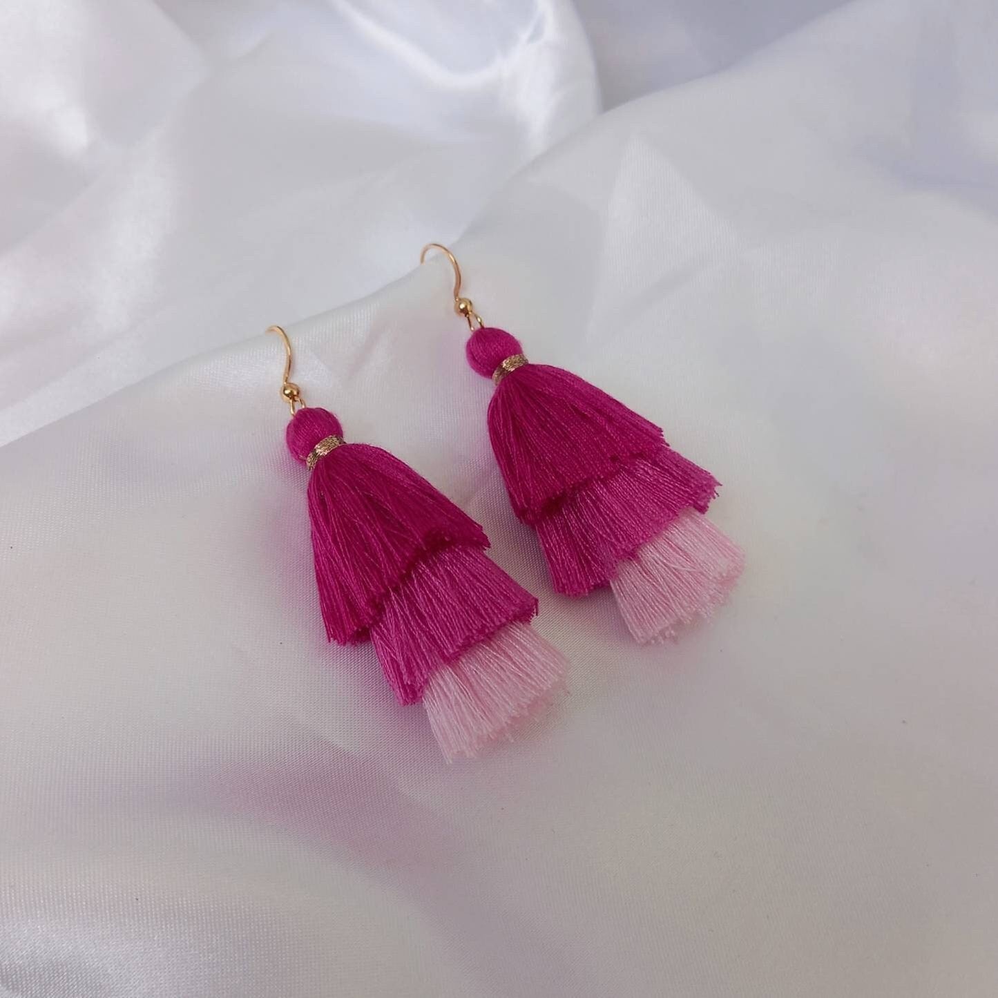 Pink & Gold Tassel Earrings -  Pink Tassel Earrings,Pink Tassel Jewellery,Gold Jewellery In The UK,Gold Earrings In The UK,Funky Earrings