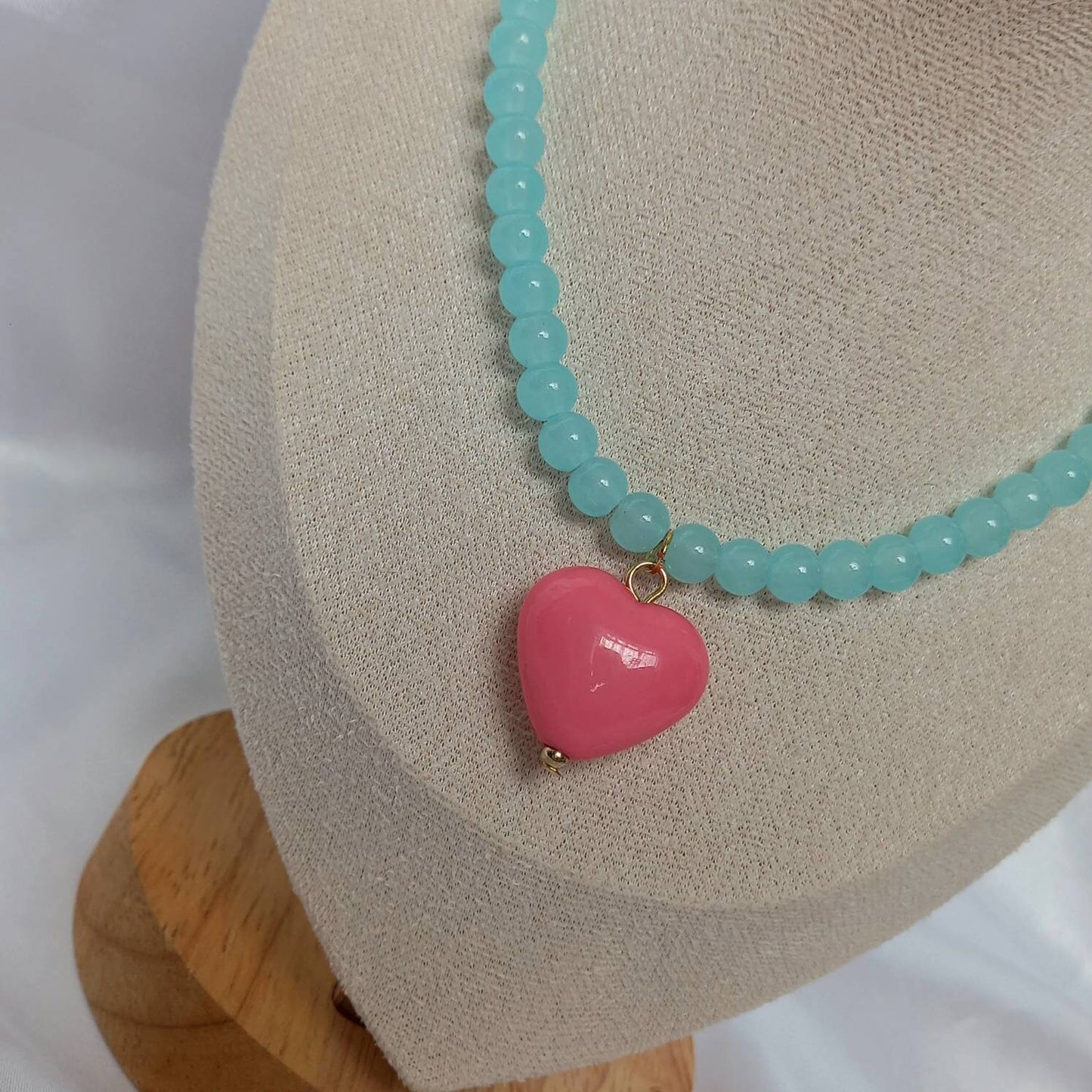 Chunky Blue Bead Heart Necklace - Chunky Bead Necklace,Pink Heart Necklace,Bead Jewellery,Bead Necklace,Pink Bead Necklace,Pink Necklace