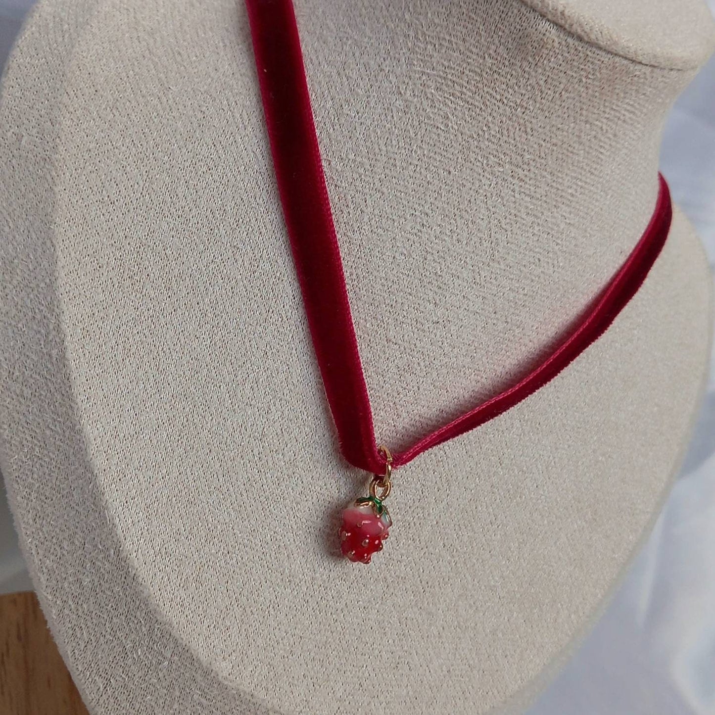 Strawberry Bead Choker Necklace -  Strawberry Necklace,Velvet Choker Necklace,Red Necklaces In The UK,Strawberry Jewellery In The UK