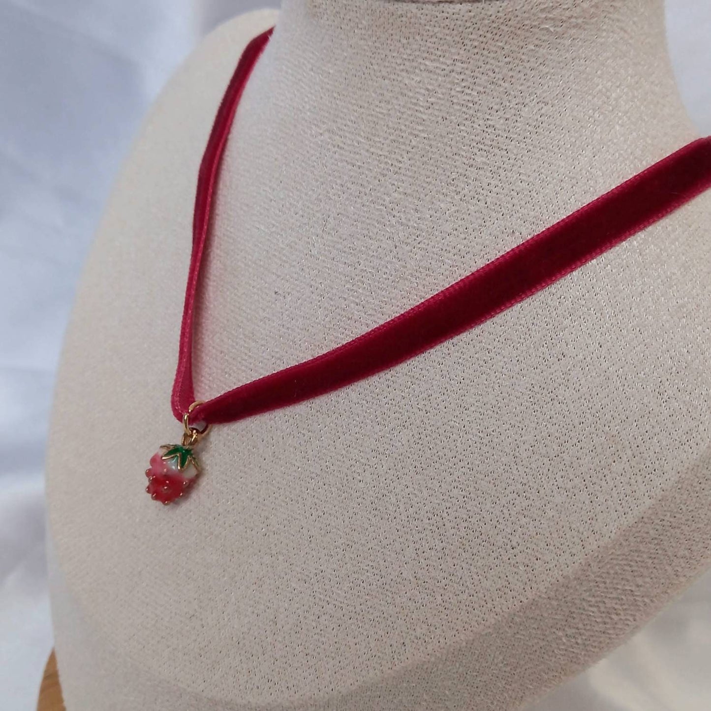 Strawberry Bead Choker Necklace -  Strawberry Necklace,Velvet Choker Necklace,Red Necklaces In The UK,Strawberry Jewellery In The UK