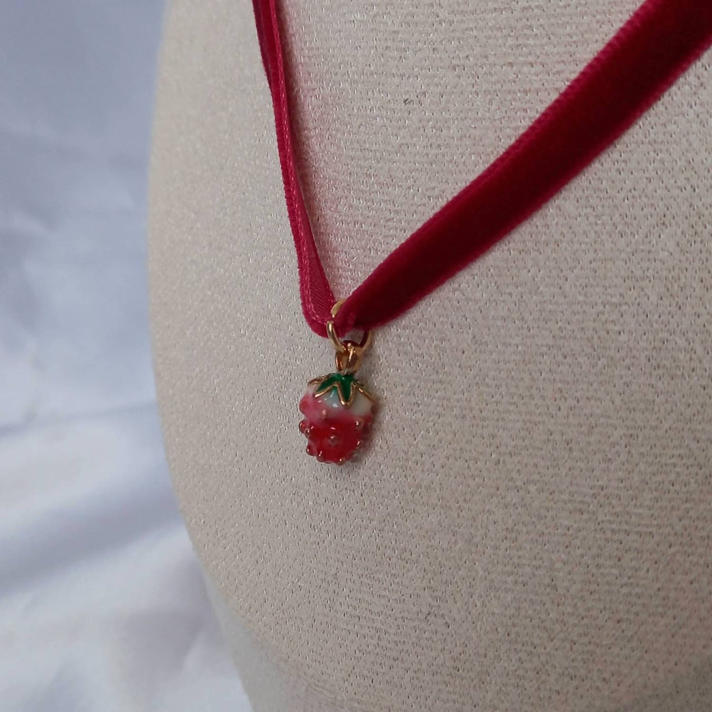 Strawberry Bead Choker Necklace -  Strawberry Necklace,Velvet Choker Necklace,Red Necklaces In The UK,Strawberry Jewellery In The UK