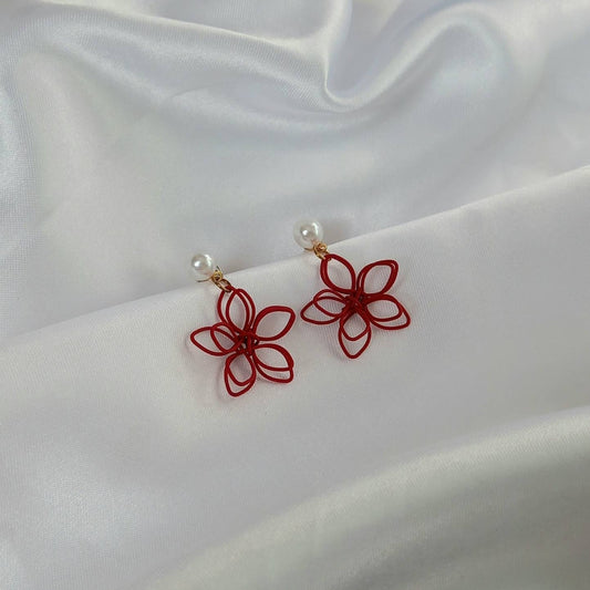 Red Flower Stud Earrings - Red Flower Earrings,Red Flower Jewlellery,Red Wire Earrings,Pearl Earrings,Red Earrings In The UK,Red Jewellery
