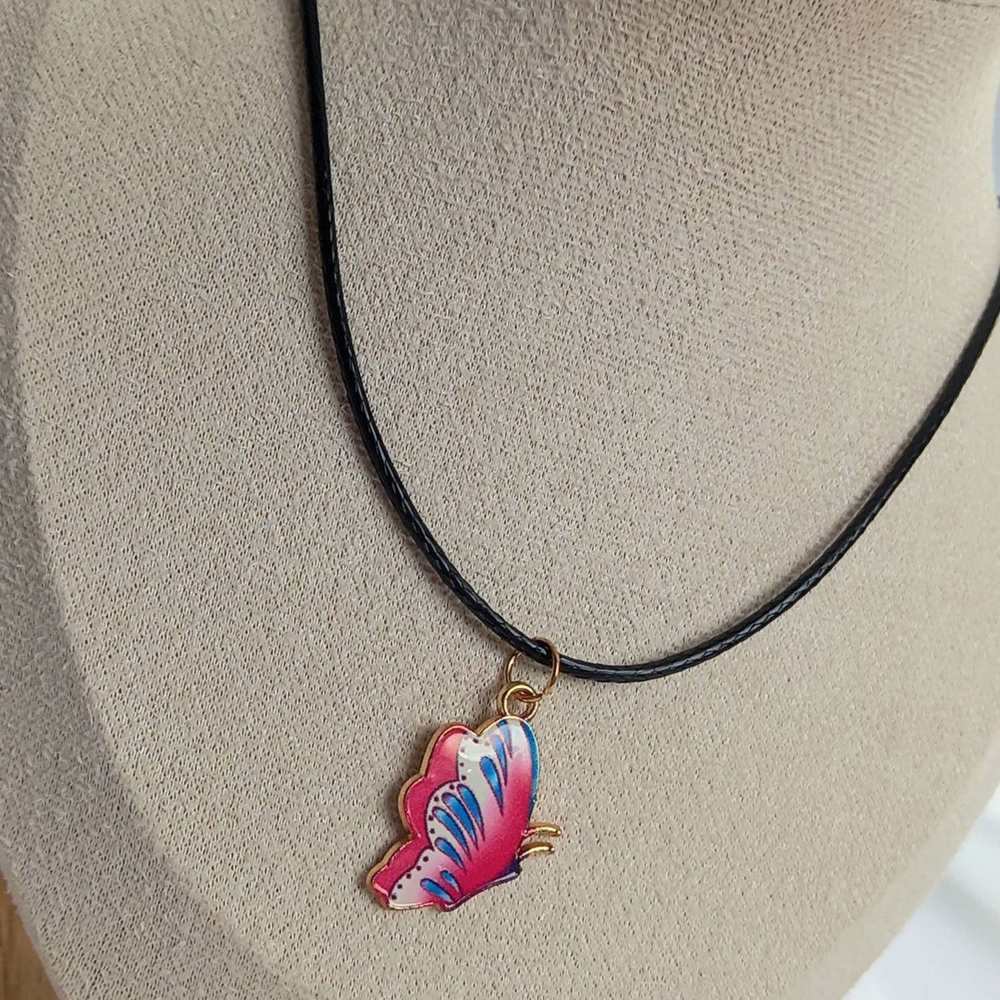 Pink Butterfly Charm Necklace - Pink Butterfly Necklaces,Pink Butterfly Jewellery,Butterflies,Black Necklaces In The UK,Jewellery In The UK