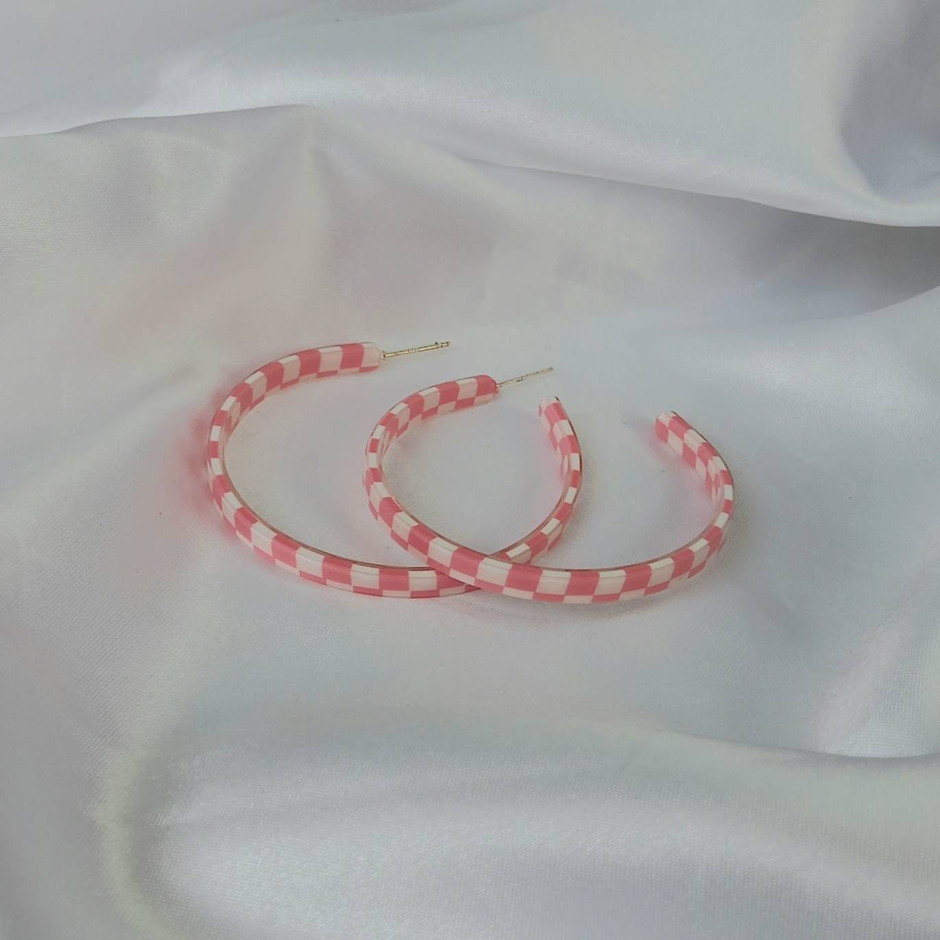 Large Pink Checkered Hoop Earrings - Pink Hoop Earrings,Large Hoop Earrings,Pink Earrings In The UK,Pink Hoop Earrings In The UK