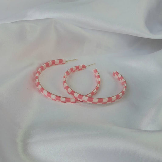 Large Pink Checkered Hoop Earrings - Pink Hoop Earrings,Large Hoop Earrings,Pink Earrings In The UK,Pink Hoop Earrings In The UK