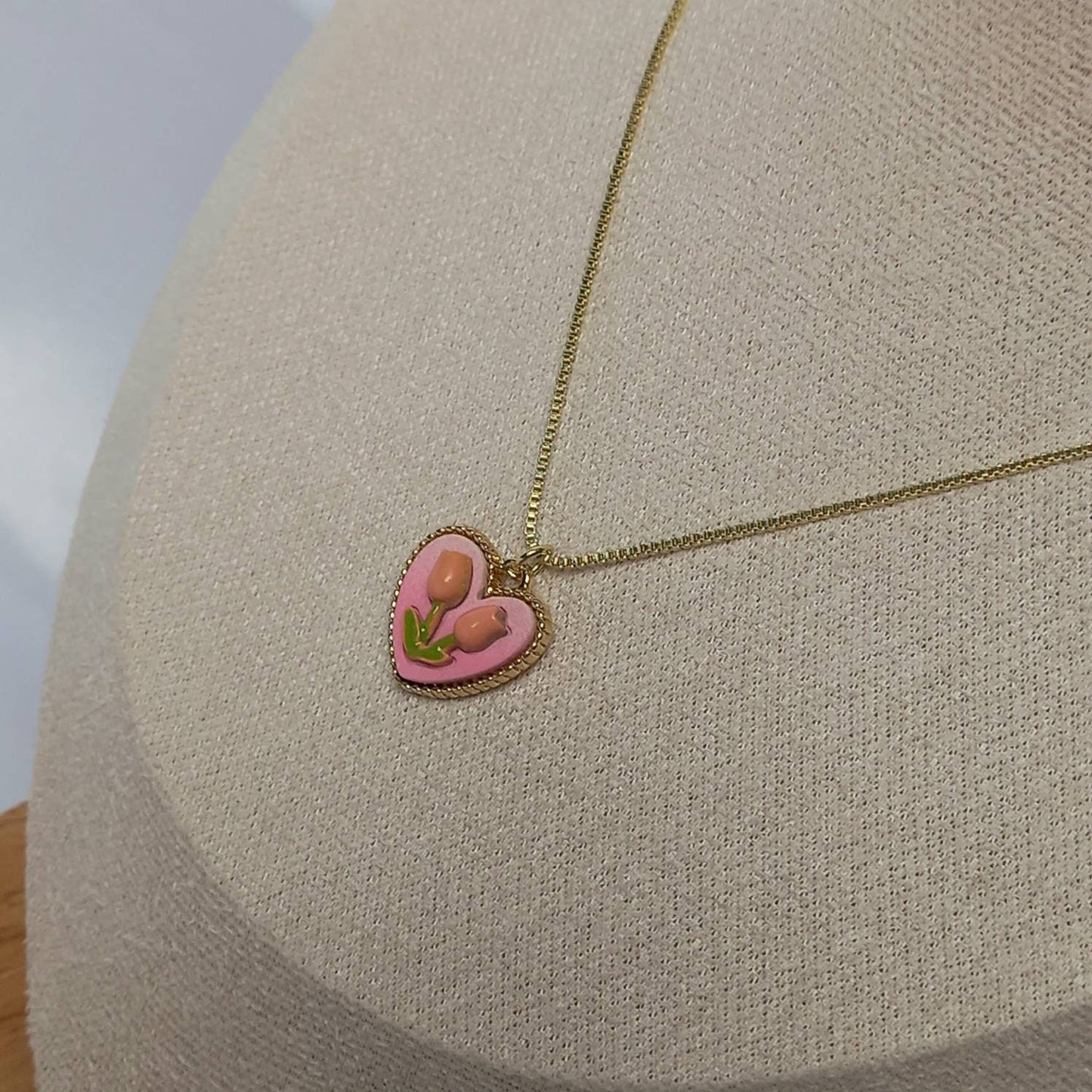 Pink & Gold Retro Flower Charm Necklace - Tulip Necklace,Pink Necklace,Pink Jewellery,Vintage Style,Pink Jewellery,Gold Necklaces In The UK