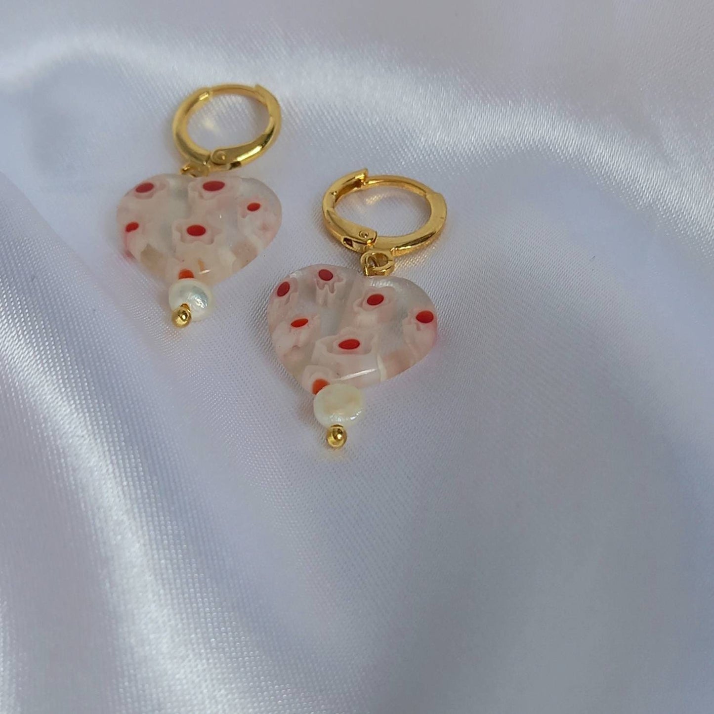 Pink & Gold Retro Heart Bead Earrings - Bead Heart Earrings,Beaded Earrings,Heart Jewellery,Pink Earrings In The UK,Pink Jewellery In The UK