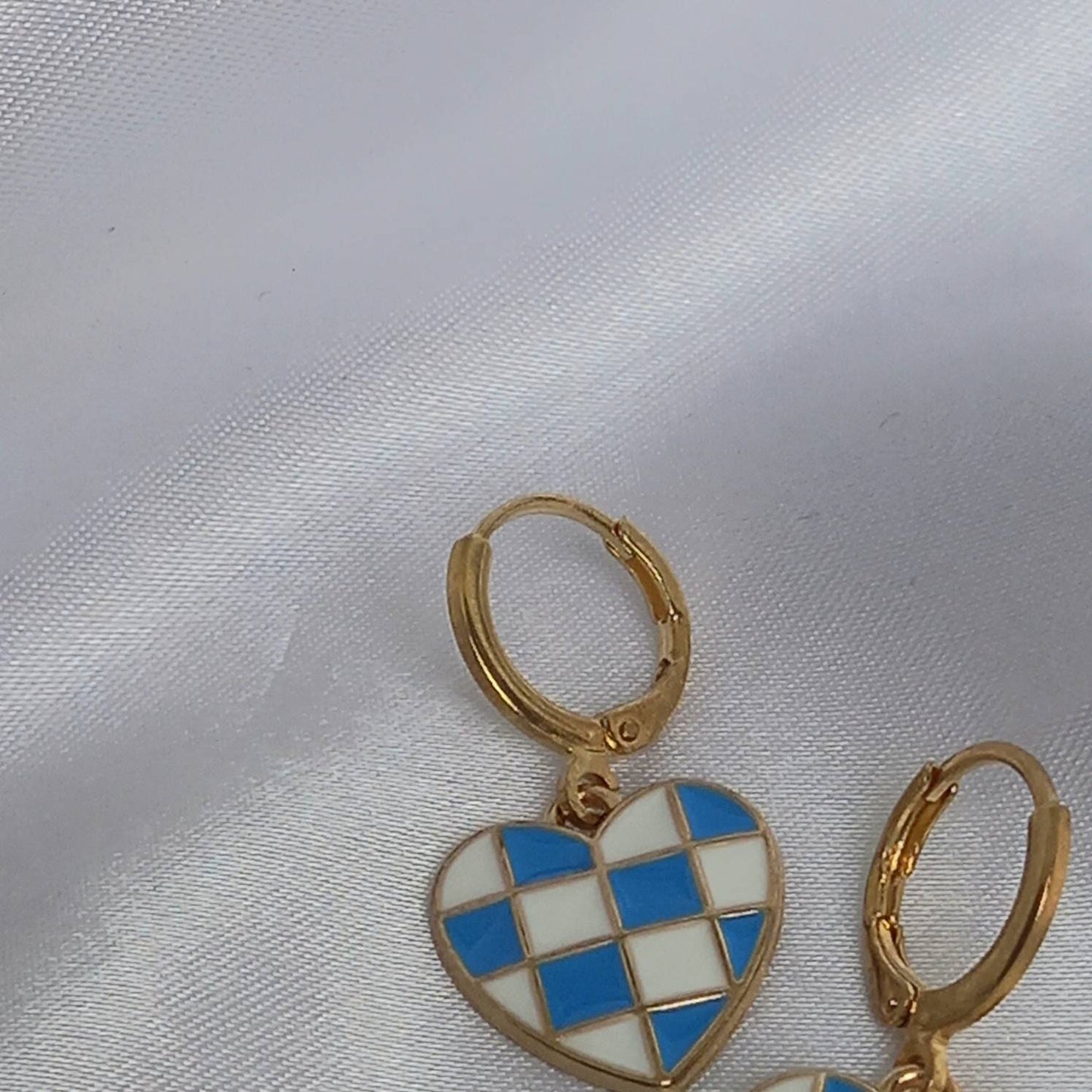 Blue & White Retro Heart Drop Earrings - Blue Heart Earrings In The UK,70's Style Earrings,Vintage Style,Blue Checkered Jewellery,Gold