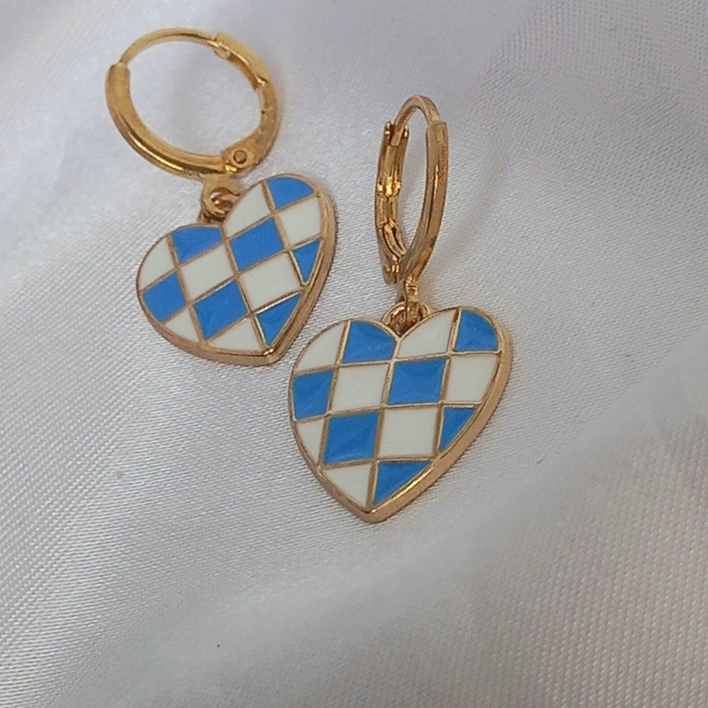 Blue & White Retro Heart Drop Earrings - Blue Heart Earrings In The UK,70's Style Earrings,Vintage Style,Blue Checkered Jewellery,Gold