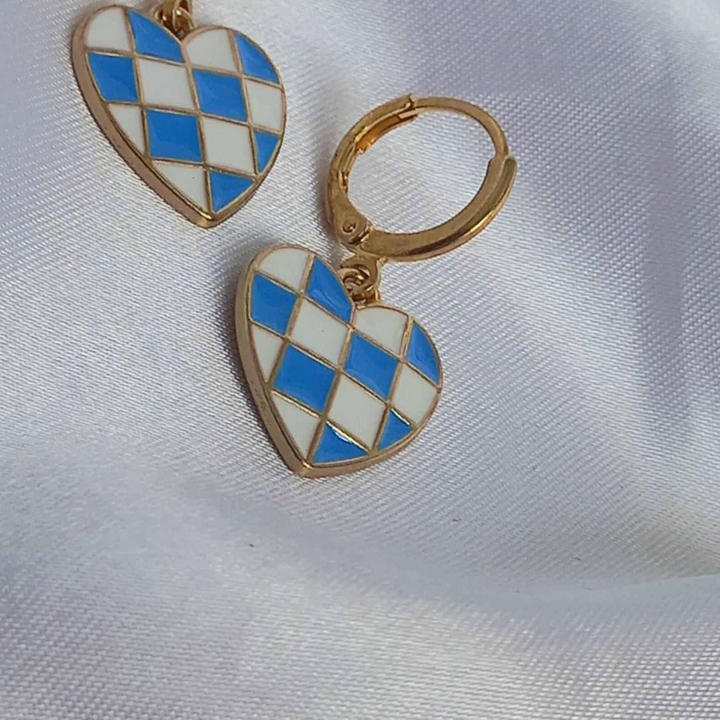 Blue & White Retro Heart Drop Earrings - Blue Heart Earrings In The UK,70's Style Earrings,Vintage Style,Blue Checkered Jewellery,Gold